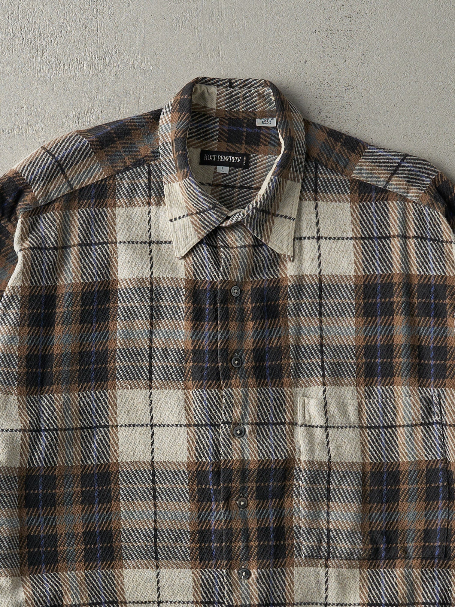 Vintage 90s Beige, Brown & Blue Holt Renfrew Flannel Button Up (L)