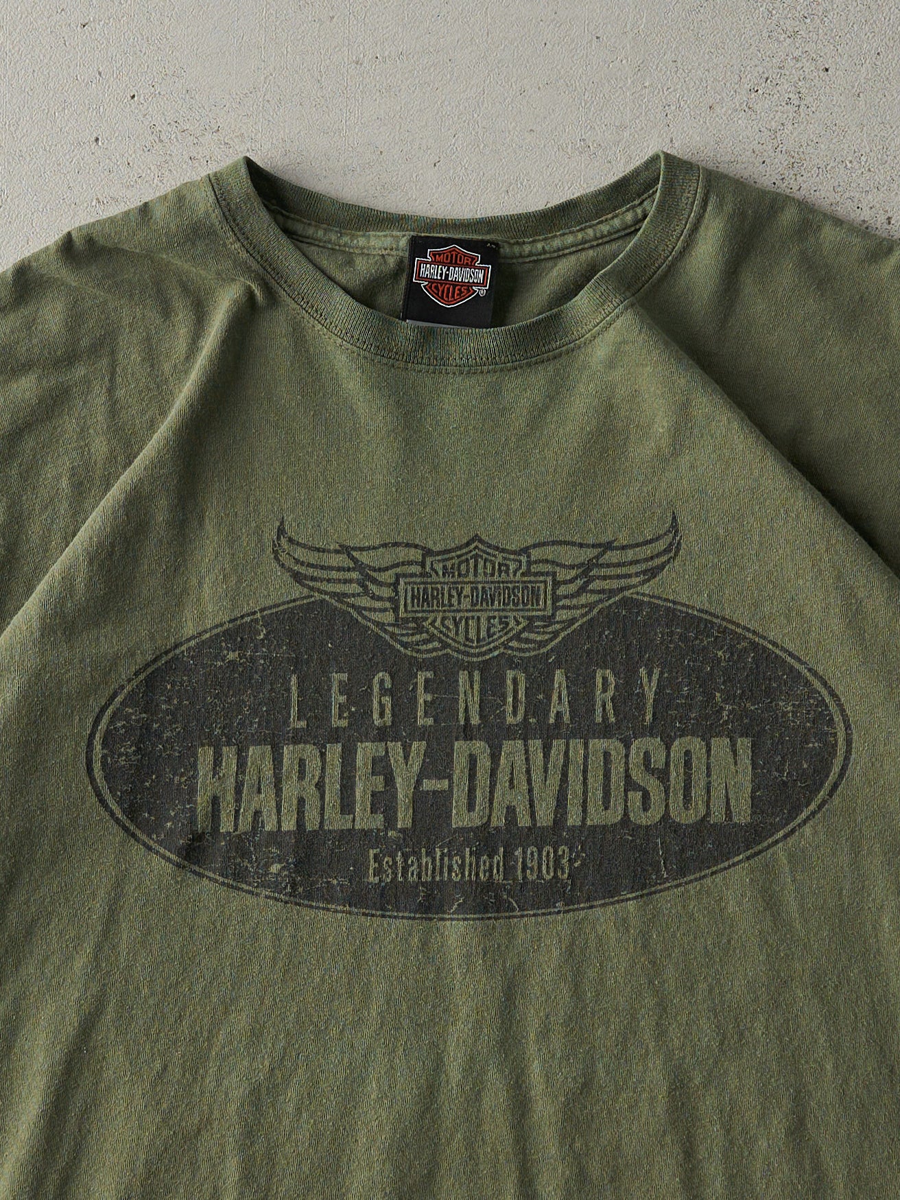 Vintage Y2K Army Green York, PA Harley Davidson Tee (L)