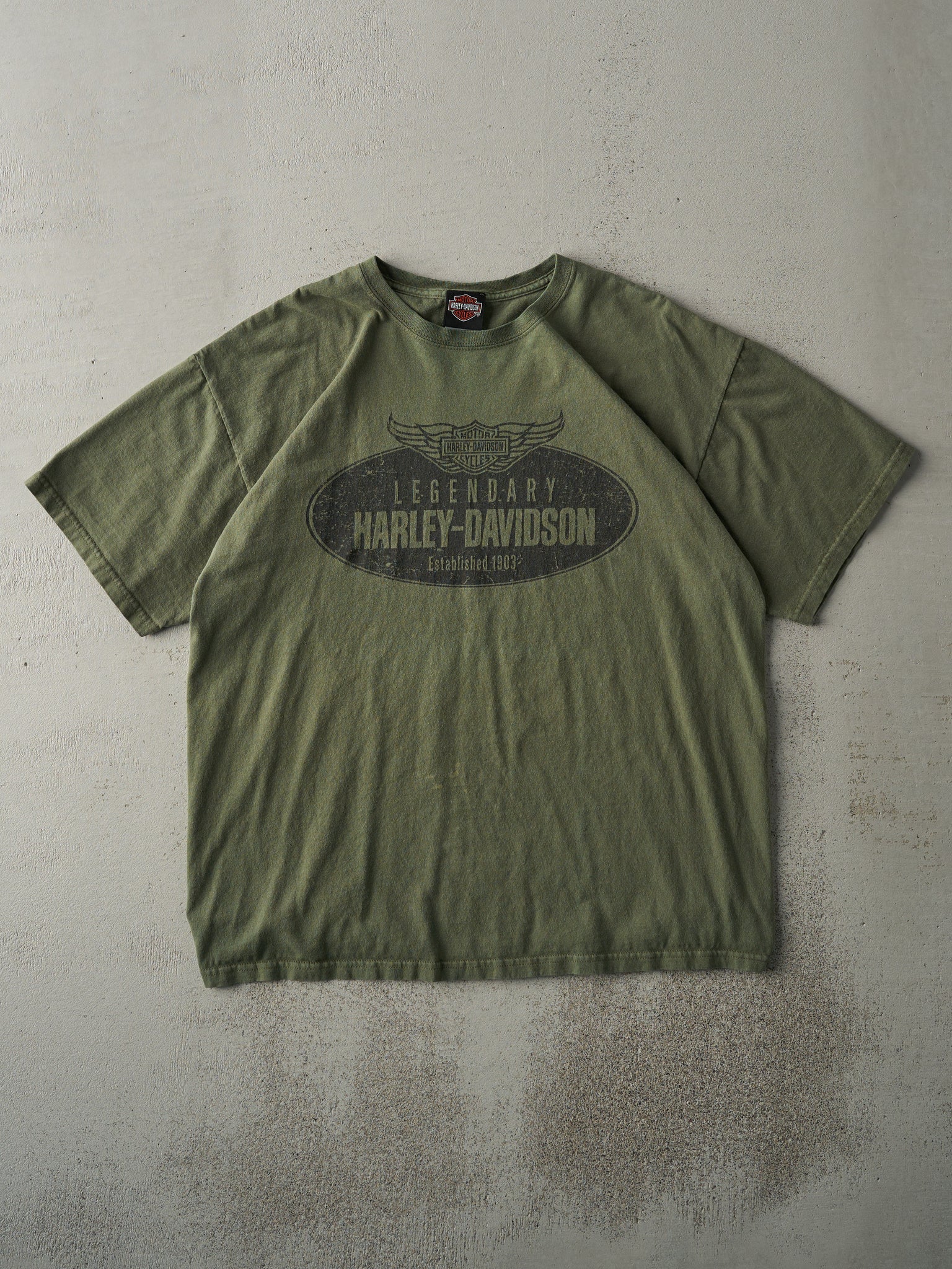 Vintage Y2K Army Green York, PA Harley Davidson Tee (L)