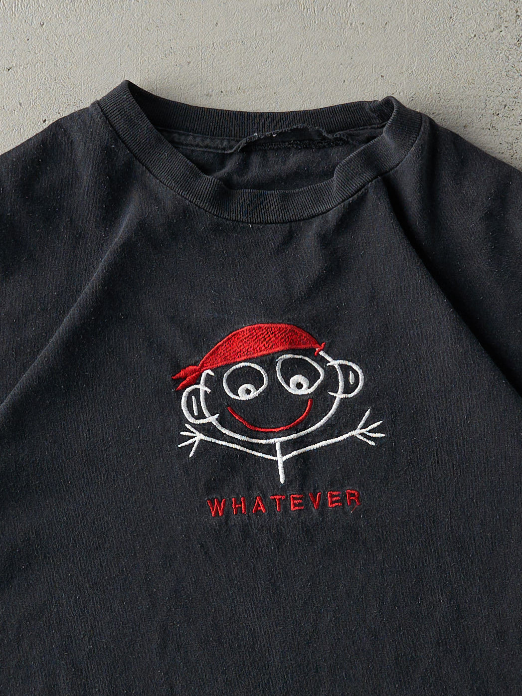 Vintage Y2K Faded Black Embroidered "Whatever" Tee (S)