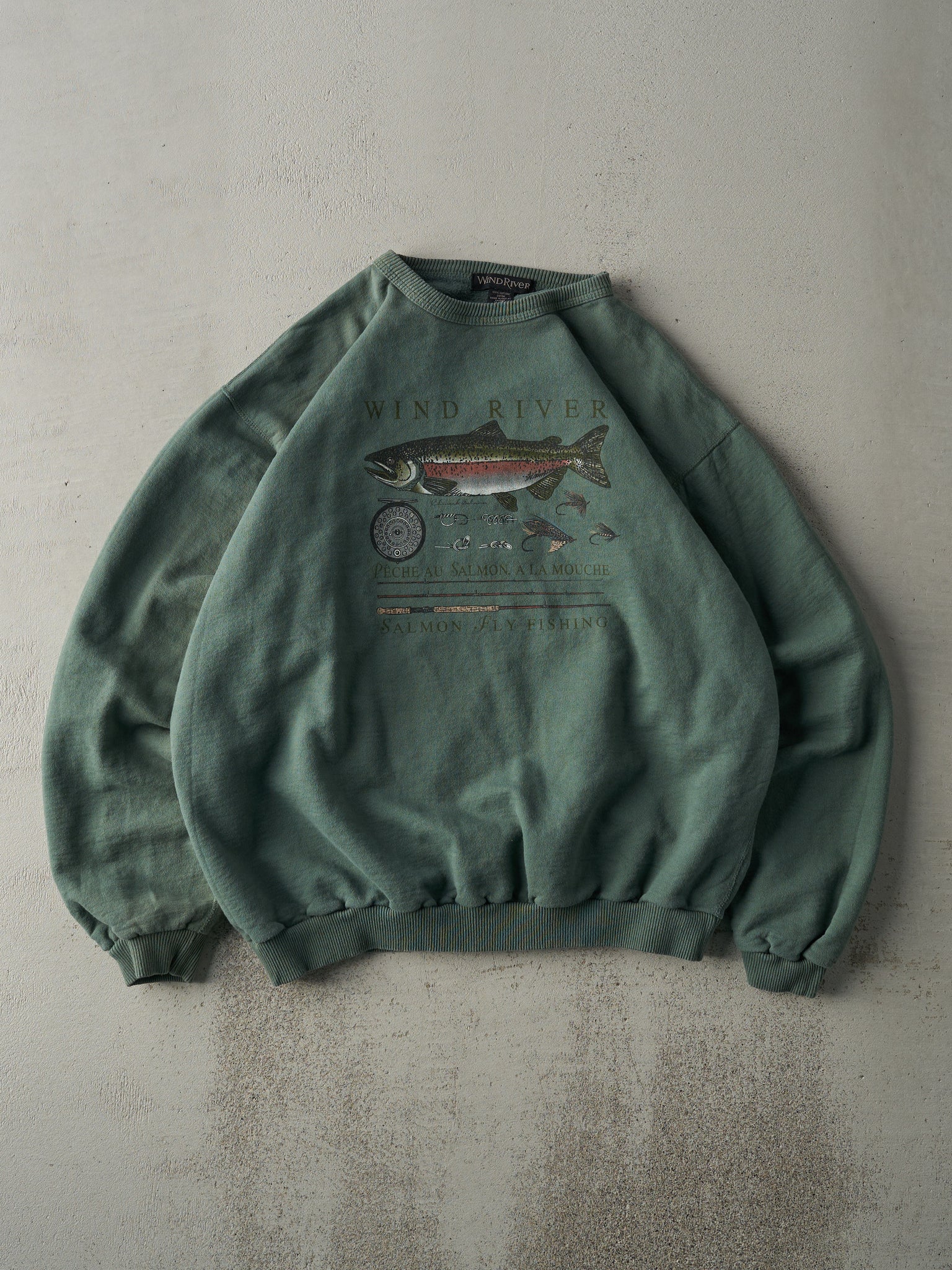 Vintage 90s Green Wind River Salmon Fly Fishing Crewneck (L)