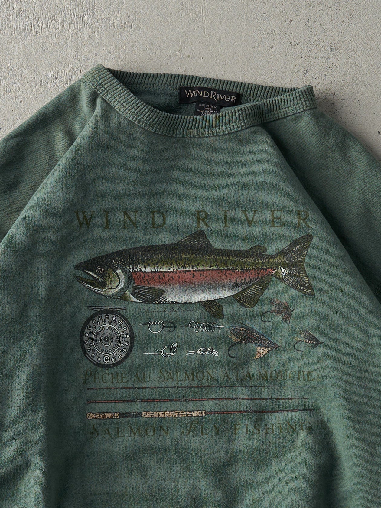 Vintage 90s Green Wind River Salmon Fly Fishing Crewneck (L)