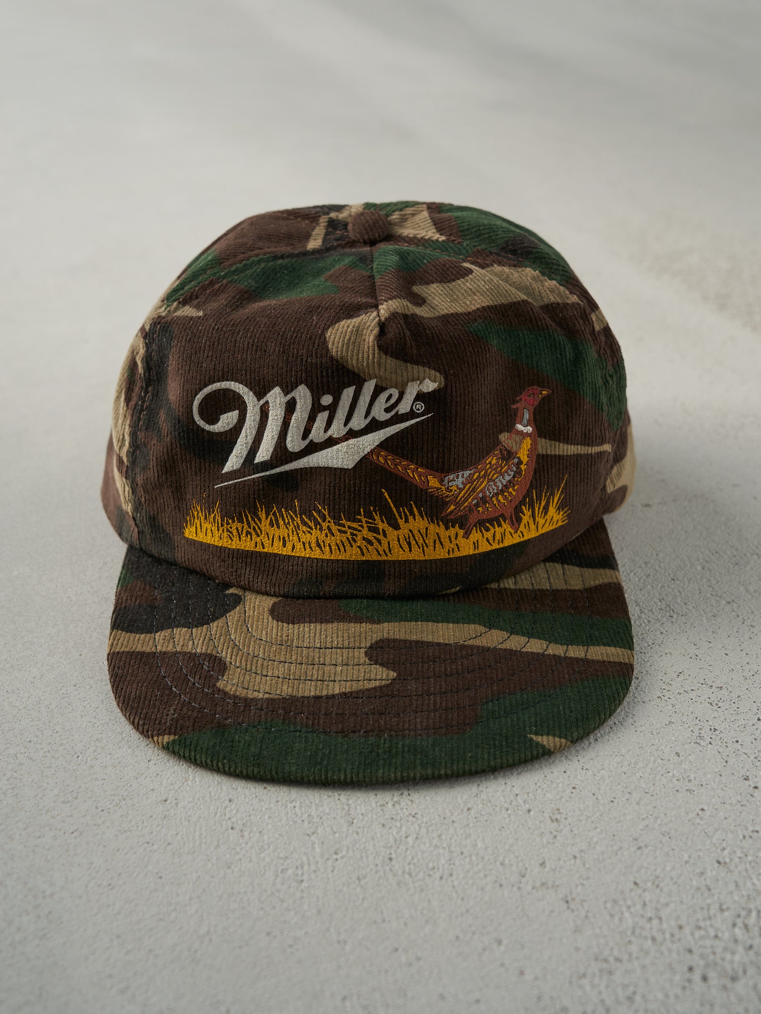 Vintage 80s Camo Miller Brewing Co Corduroy Snap Back Hat