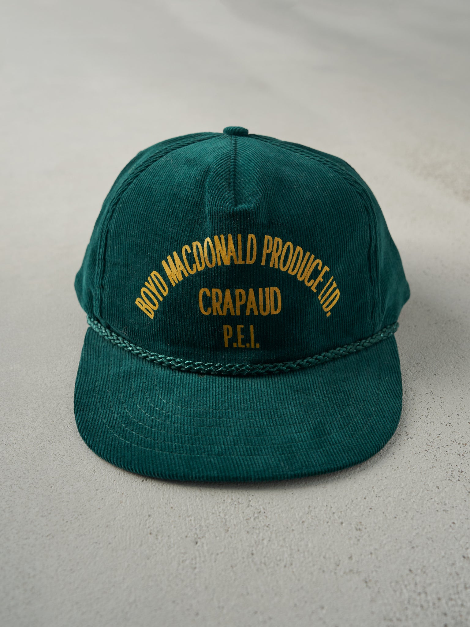 Vintage 90s Green P.E.I. Produce Corduroy Snap Back Hat