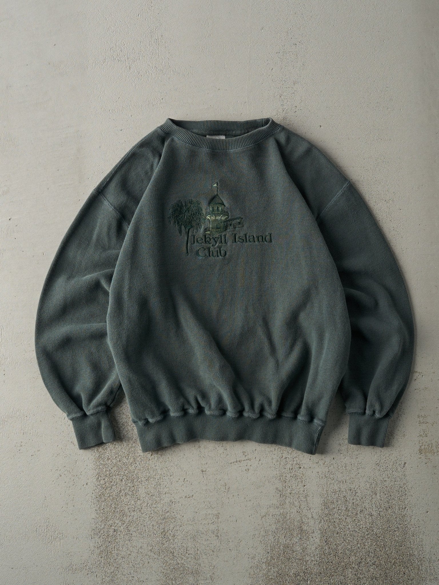 Vintage 80s Green Jekyll Island Club Embroidered Waffle Knit Boxy Crewneck (M)