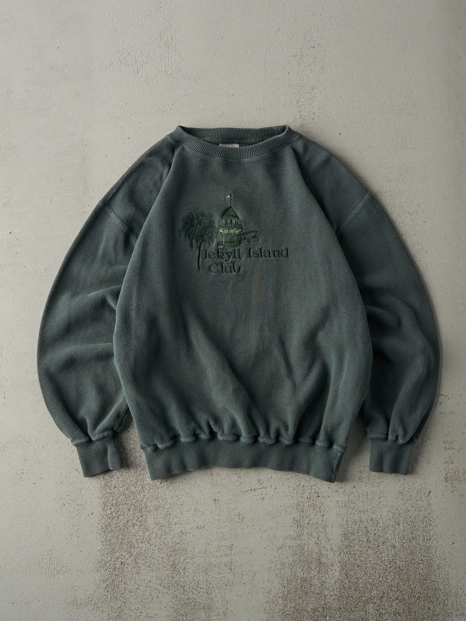 Vintage 80s Green Jekyll Island Club Embroidered Waffle Knit Boxy Crewneck (M)