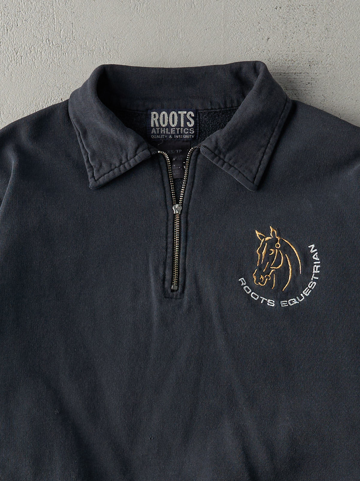 Vintage 90s Navy Roots Equestrian Embroidered Quarter Zip Crewneck (S)