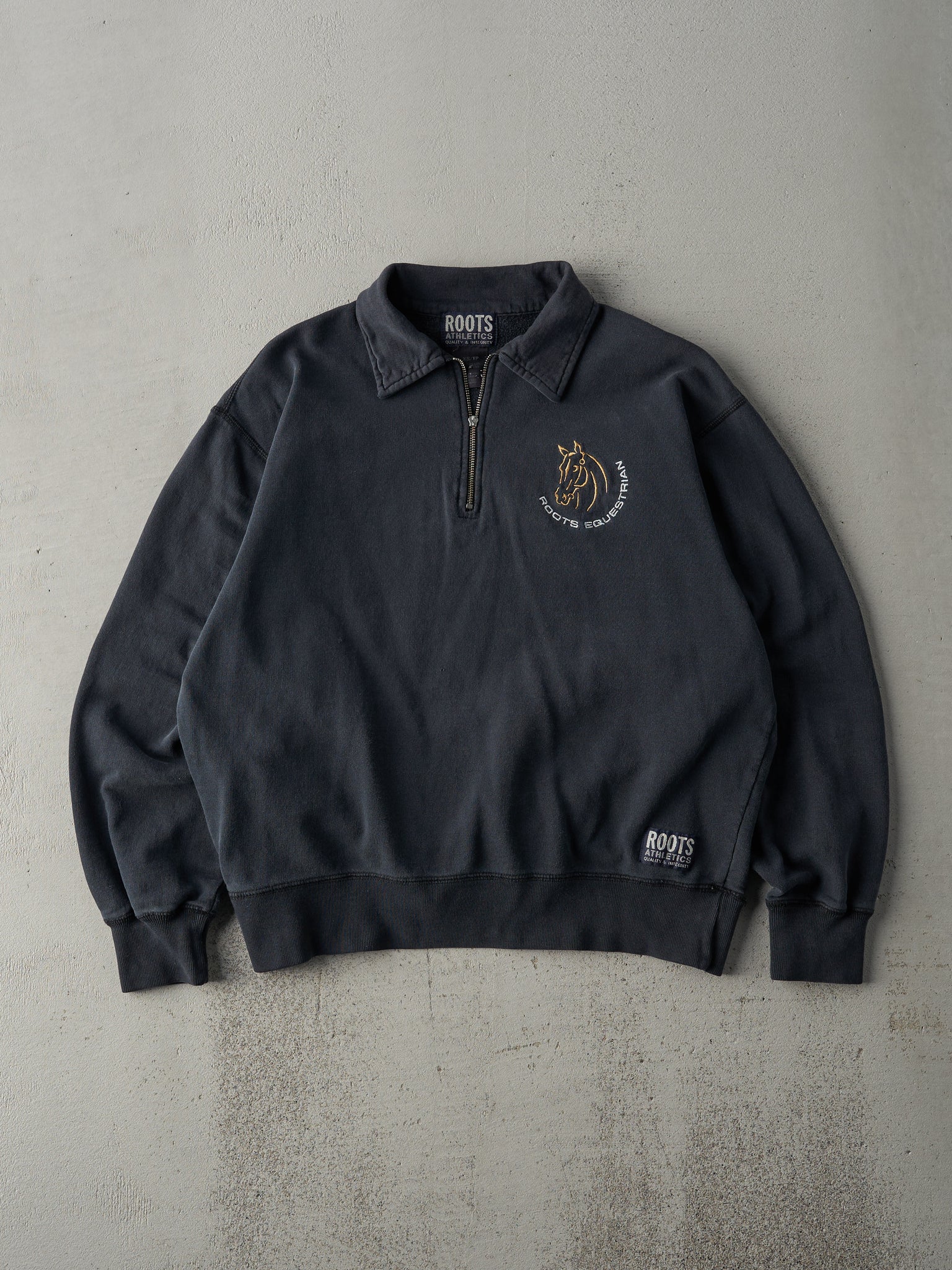 Vintage 90s Navy Roots Equestrian Embroidered Quarter Zip Crewneck (S)