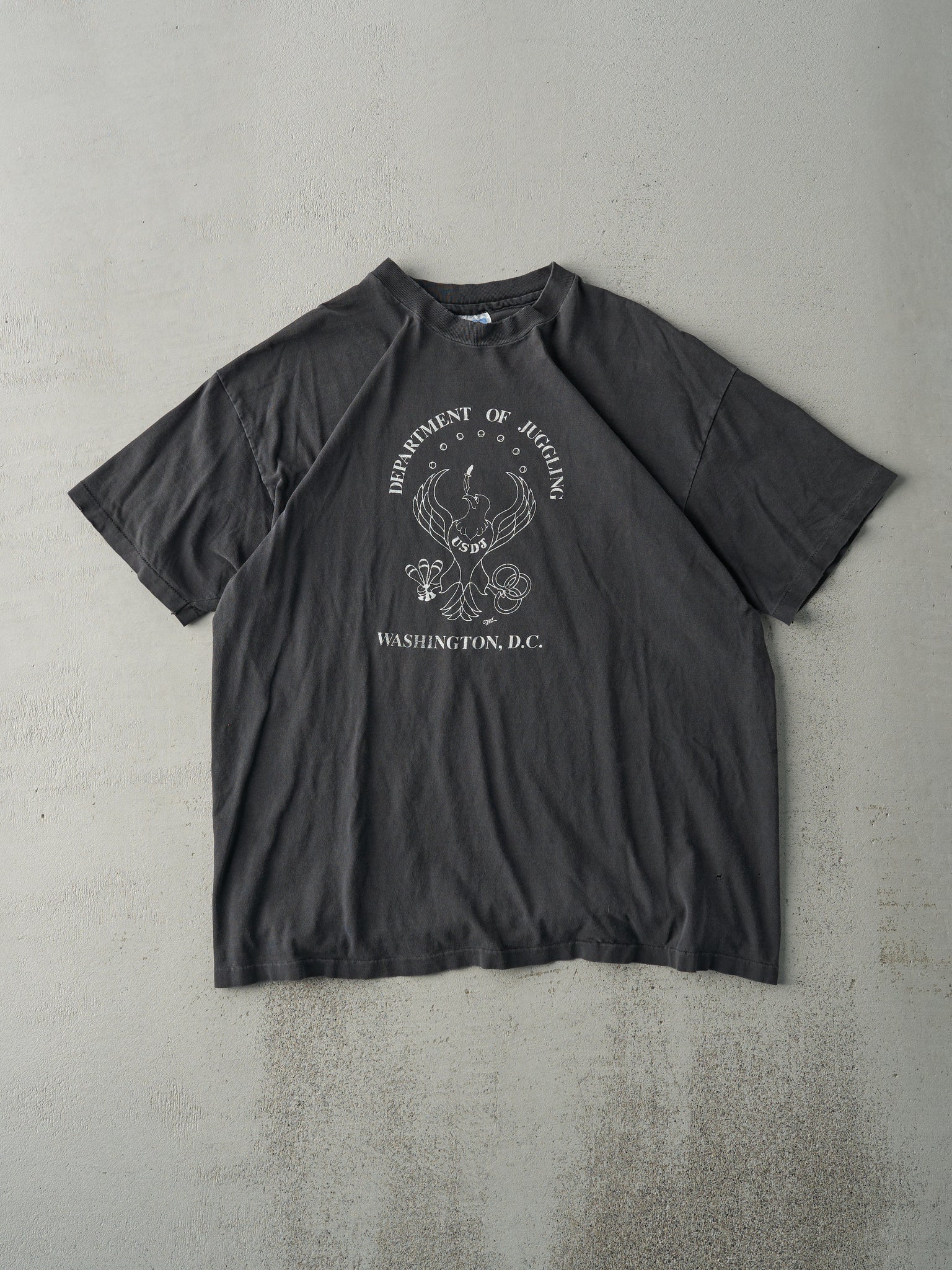 Vintage 90s  Faded Black "Department of Juggling" Single Stitch Tee (M)