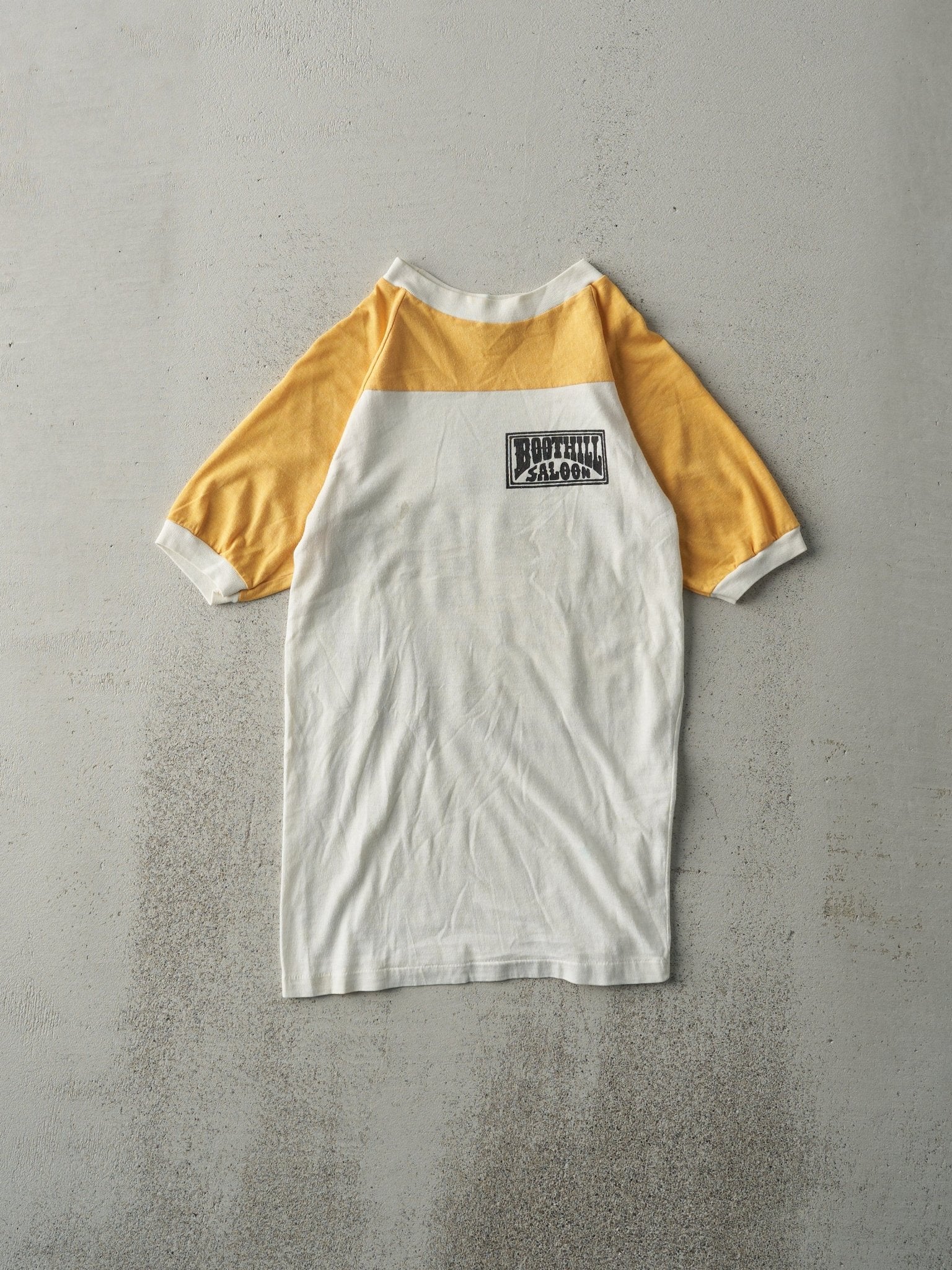 Vintage 70s White and Yellow Boot Hill Saloon Ringer Tee (XXS)