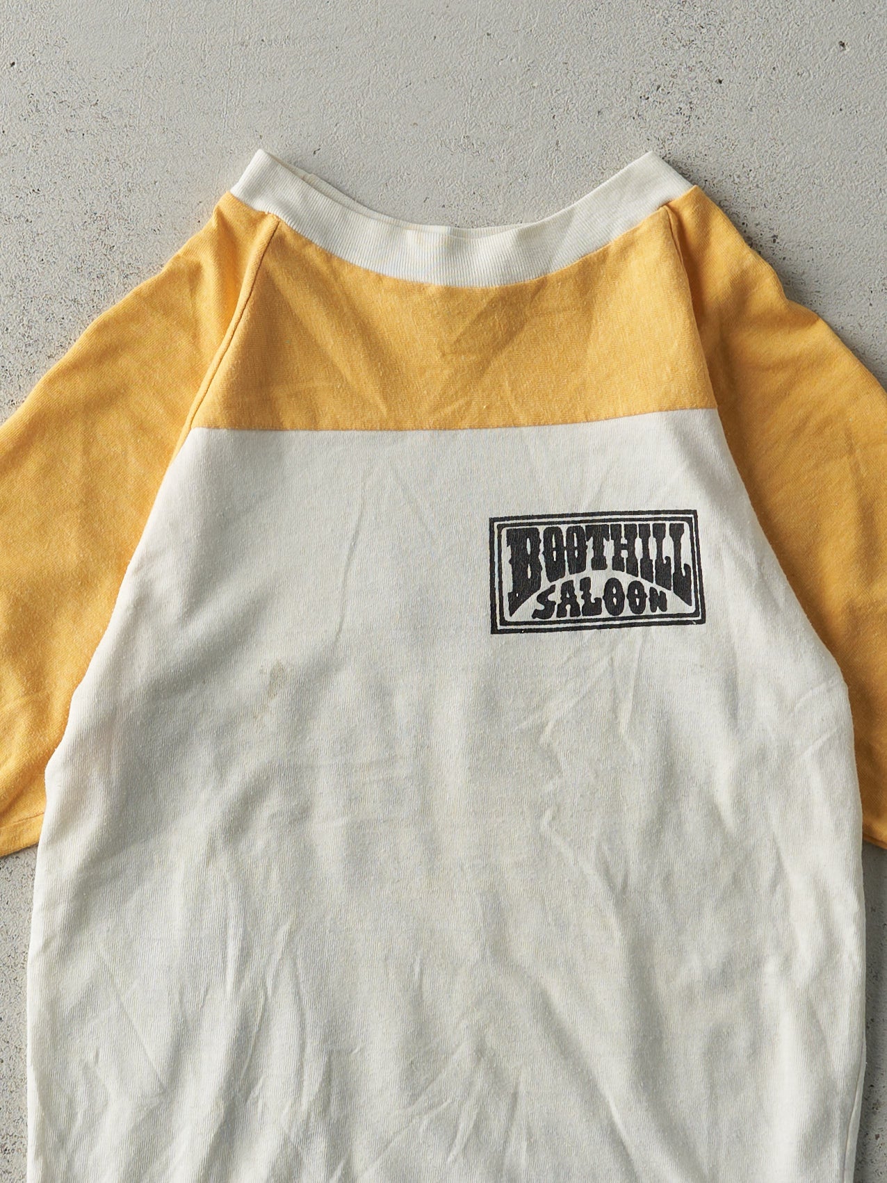 Vintage 70s White and Yellow Boot Hill Saloon Ringer Tee (XXS)