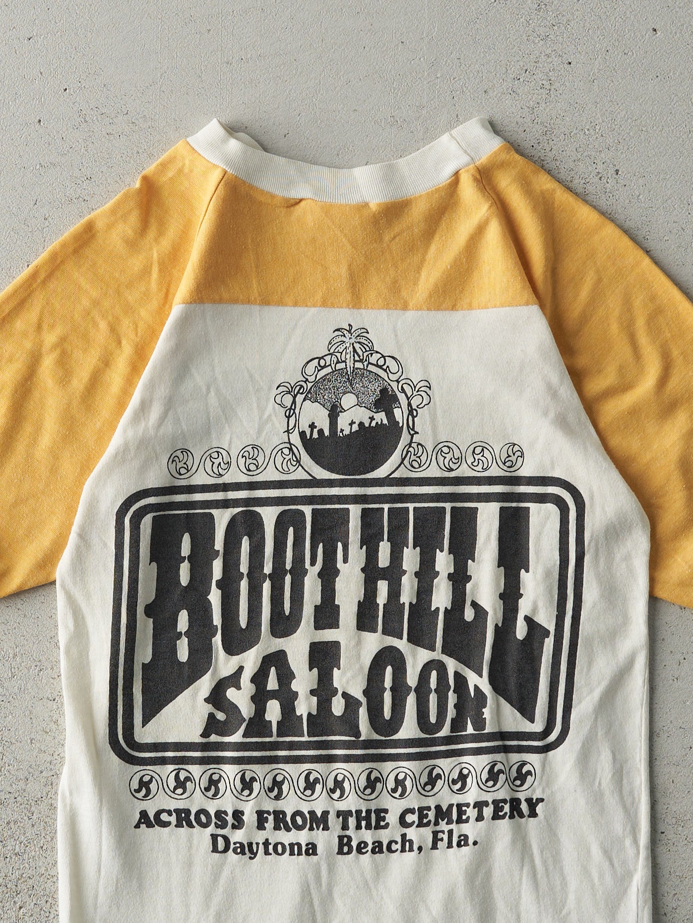 Vintage 70s White and Yellow Boot Hill Saloon Ringer Tee (XXS)