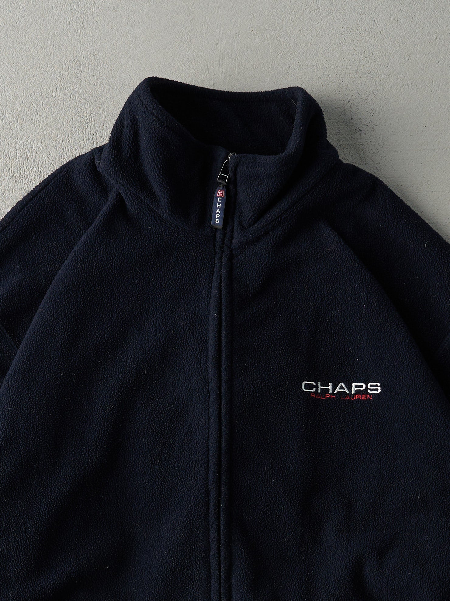 Vintage 90s Navy Blue Chaps Logo Fleece Zip Up Sweater (L)