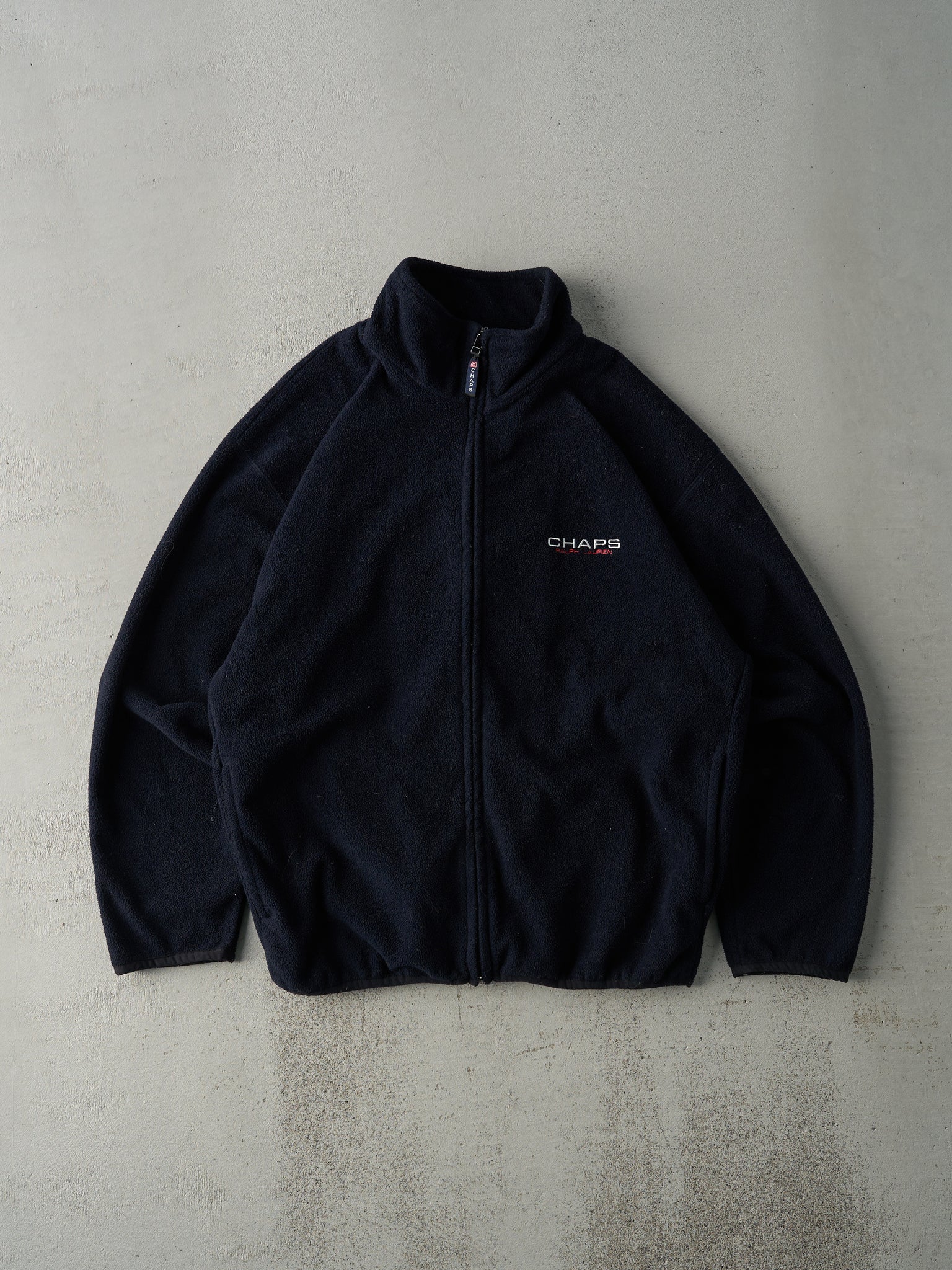 Vintage 90s Navy Blue Chaps Logo Fleece Zip Up Sweater (L)