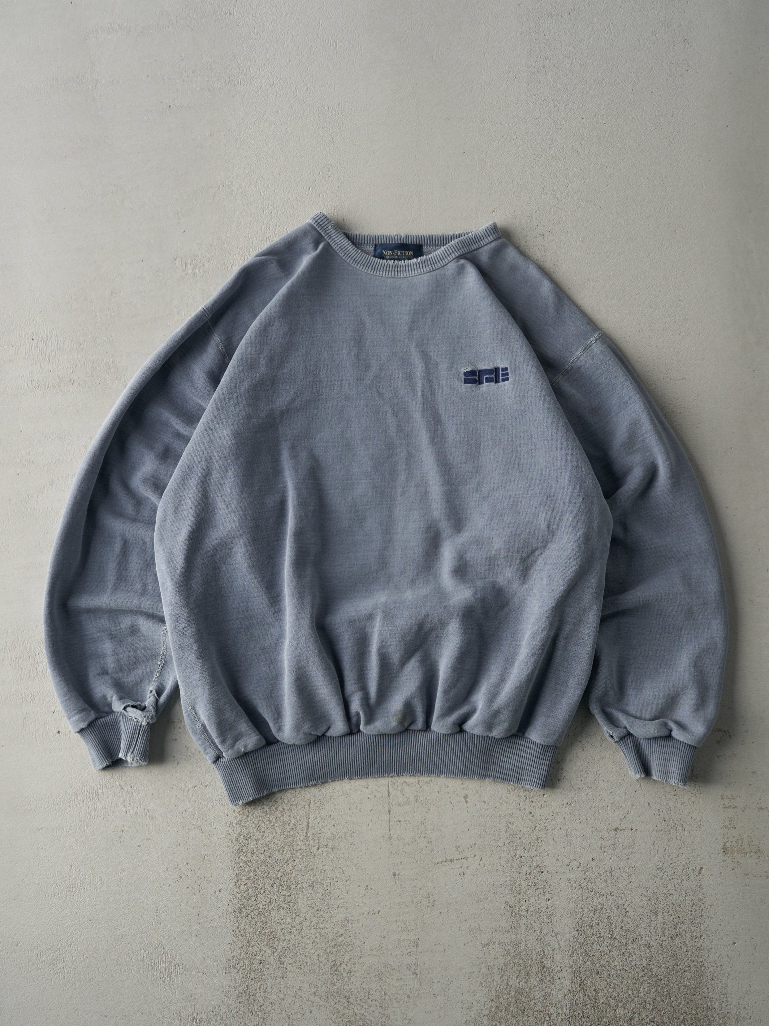 Vintage 90s Washed Blue Embroidered Logo Boxy Crewneck (L/XL)