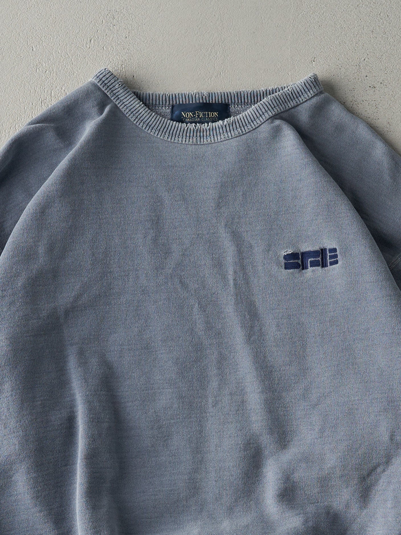 Vintage 90s Washed Blue Embroidered Logo Boxy Crewneck (L/XL)