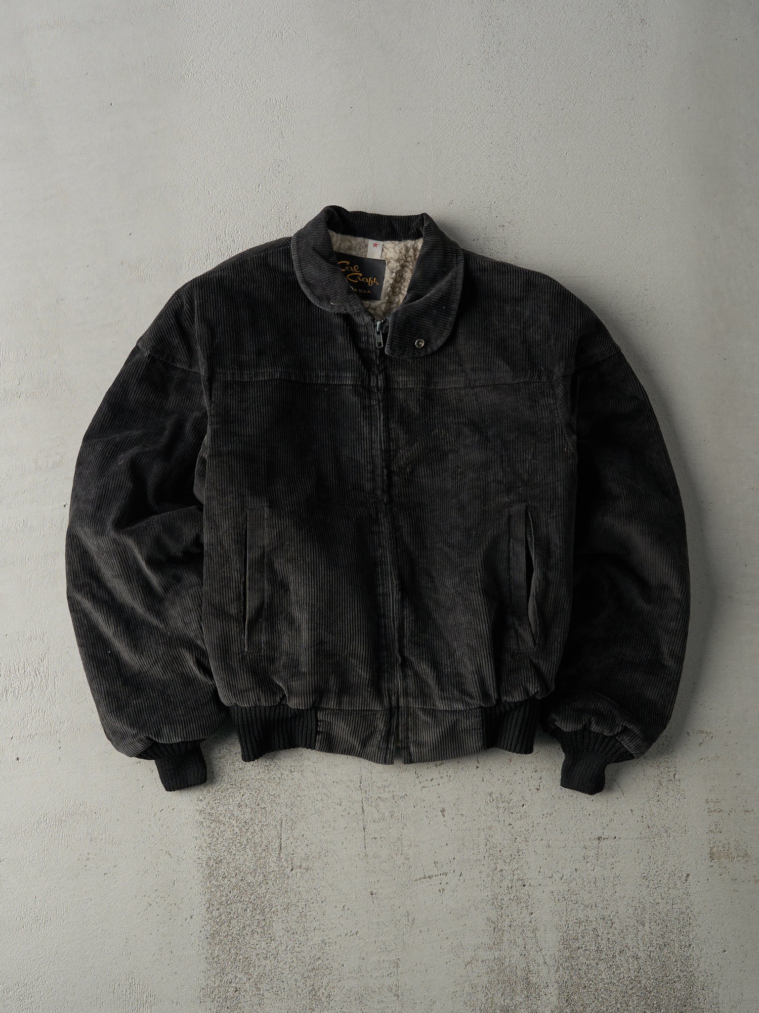 Vintage 80s Black Wool Lined Corduroy Bomber Jacket (S)