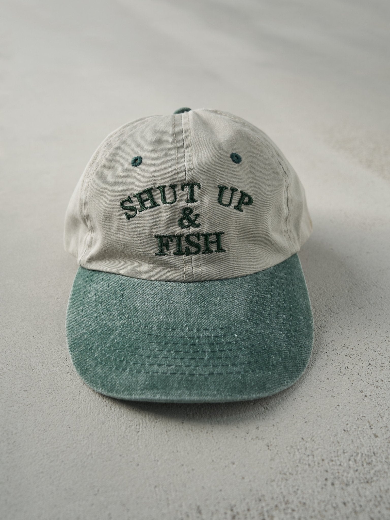 Vintage 90s Khaki and Green "Shut Up & Fish" Embroidered Velcro Hat