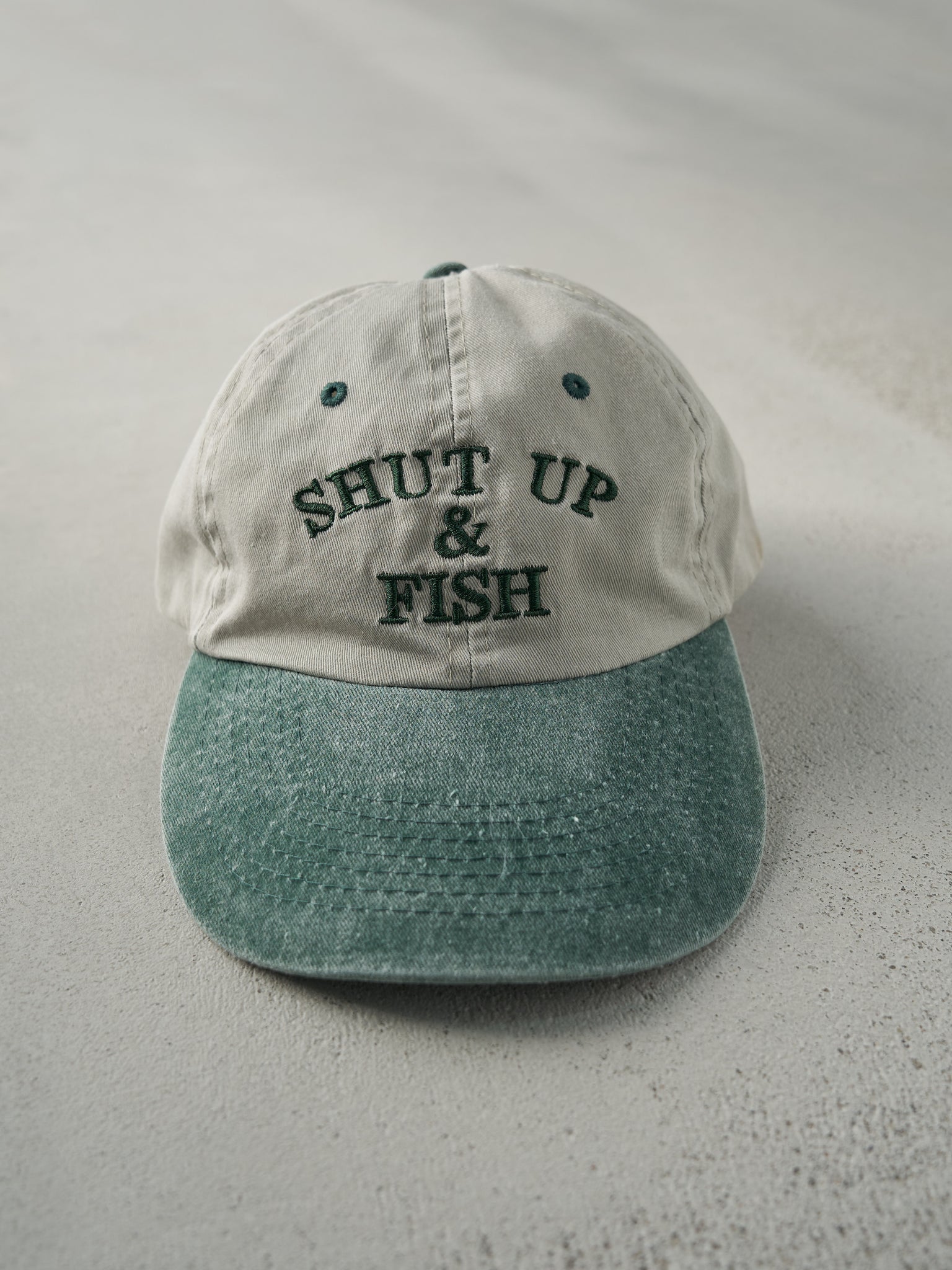 Vintage 90s Khaki and Green "Shut Up & Fish" Embroidered Velcro Back Hat