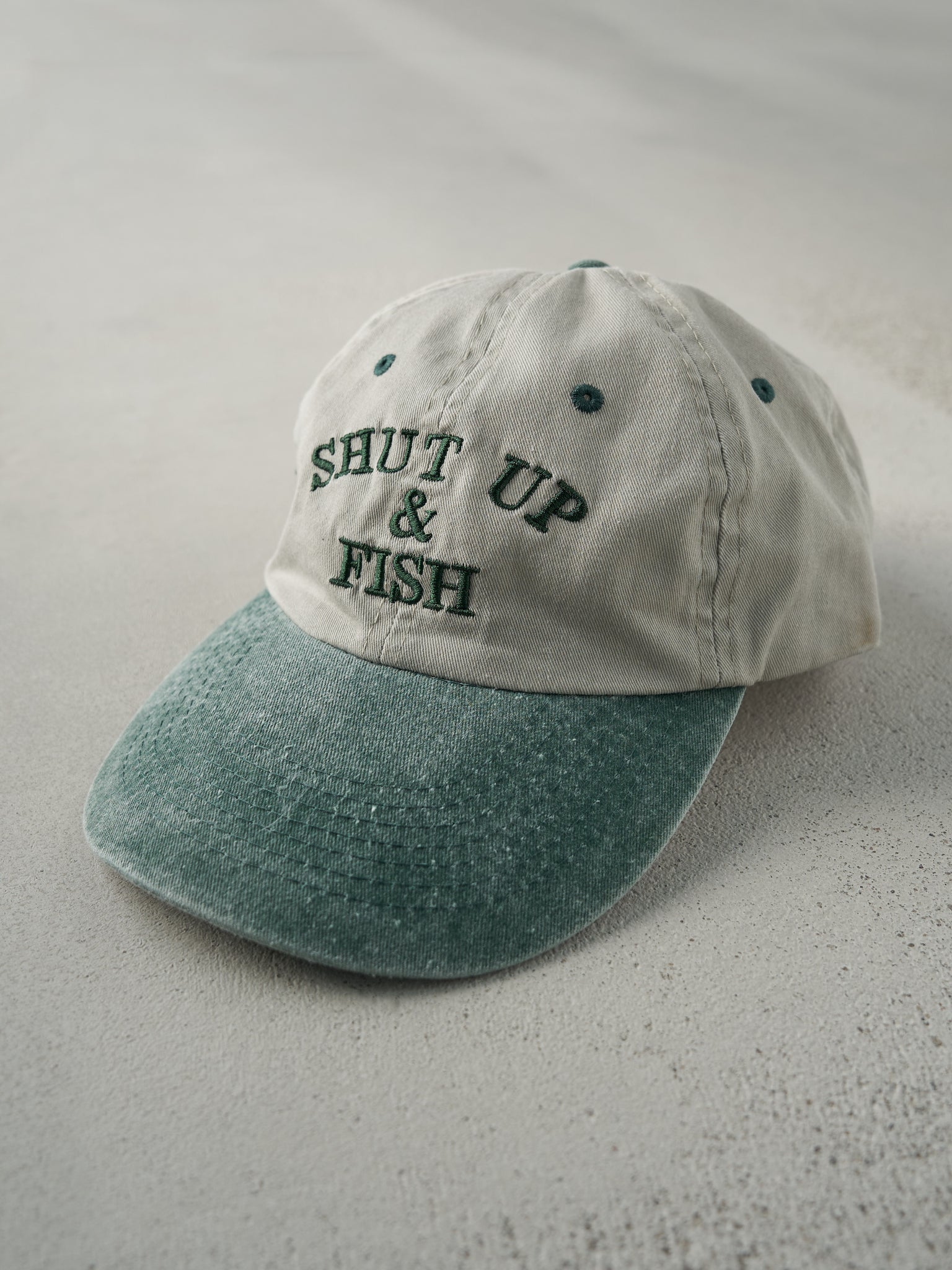 Vintage 90s Khaki and Green "Shut Up & Fish" Embroidered Velcro Back Hat