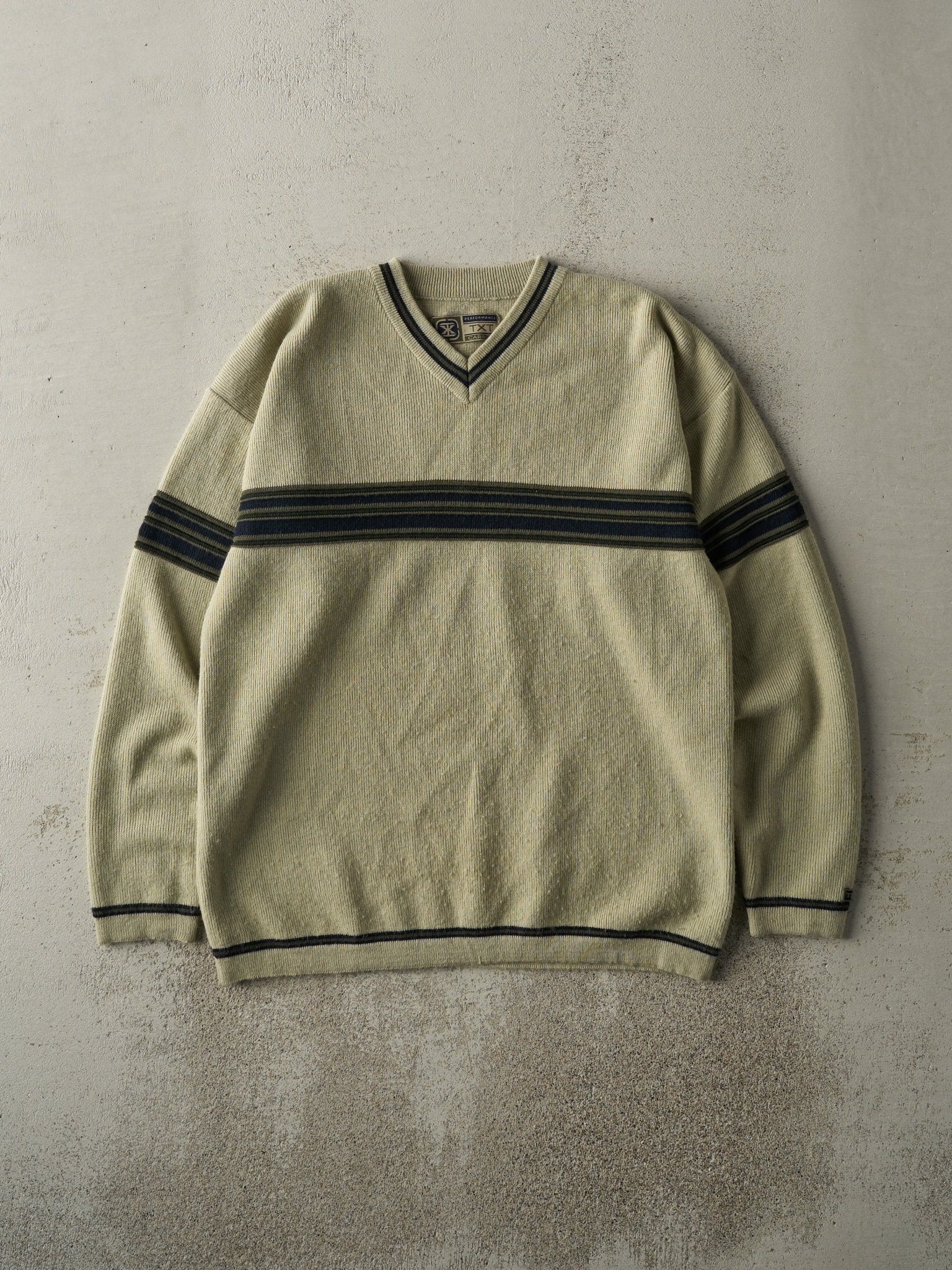 Vintage Y2K Green Striped Thermal Long Sleeve (S/M)