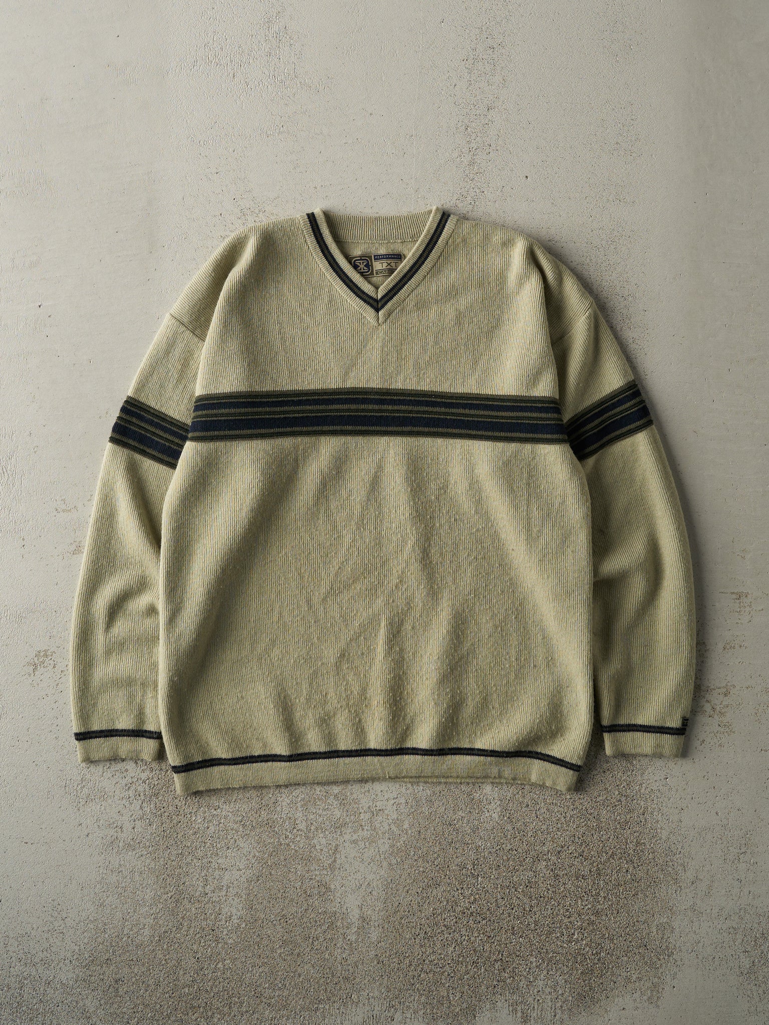 Vintage Y2K Green Striped Thermal Long Sleeve (S/M)