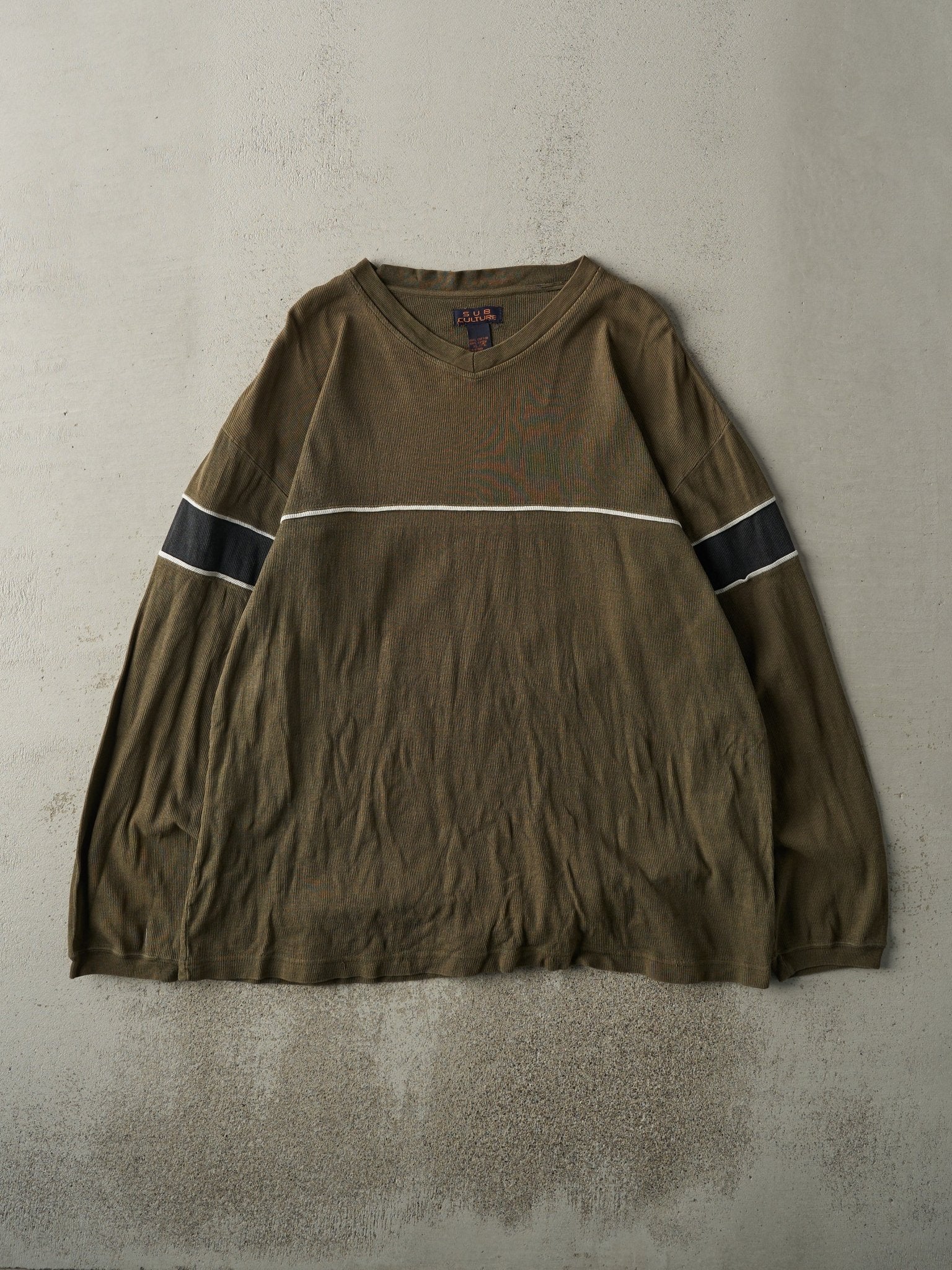Vintage Y2K Green Striped Thermal Long Sleeve (XL/XXL)