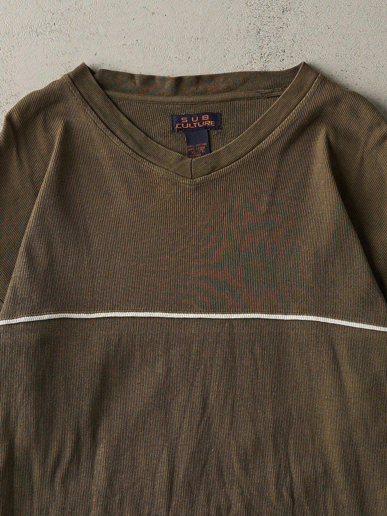 Vintage Y2K Green Striped Thermal Long Sleeve (L/XL)