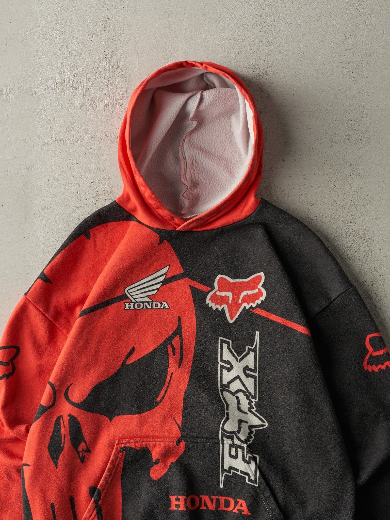 Vintage Y2K Red & Black Honda x Fox Racing Hoodie (L/XL)