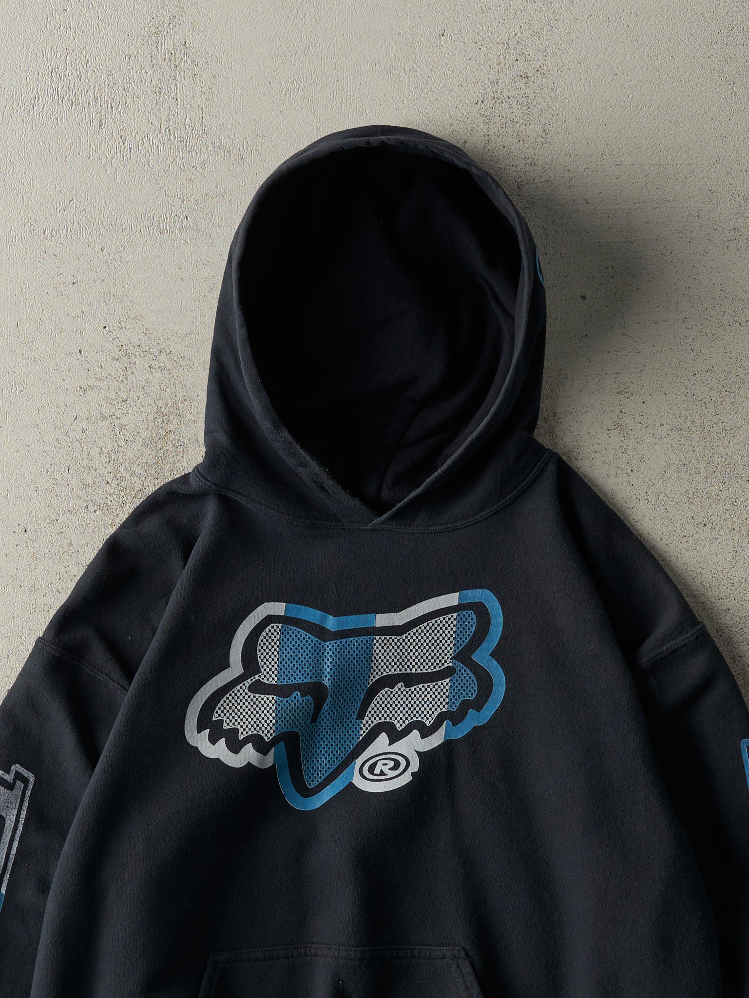 Vintage Y2K Faded Black & Blue Fox Racing Hoodie (M)