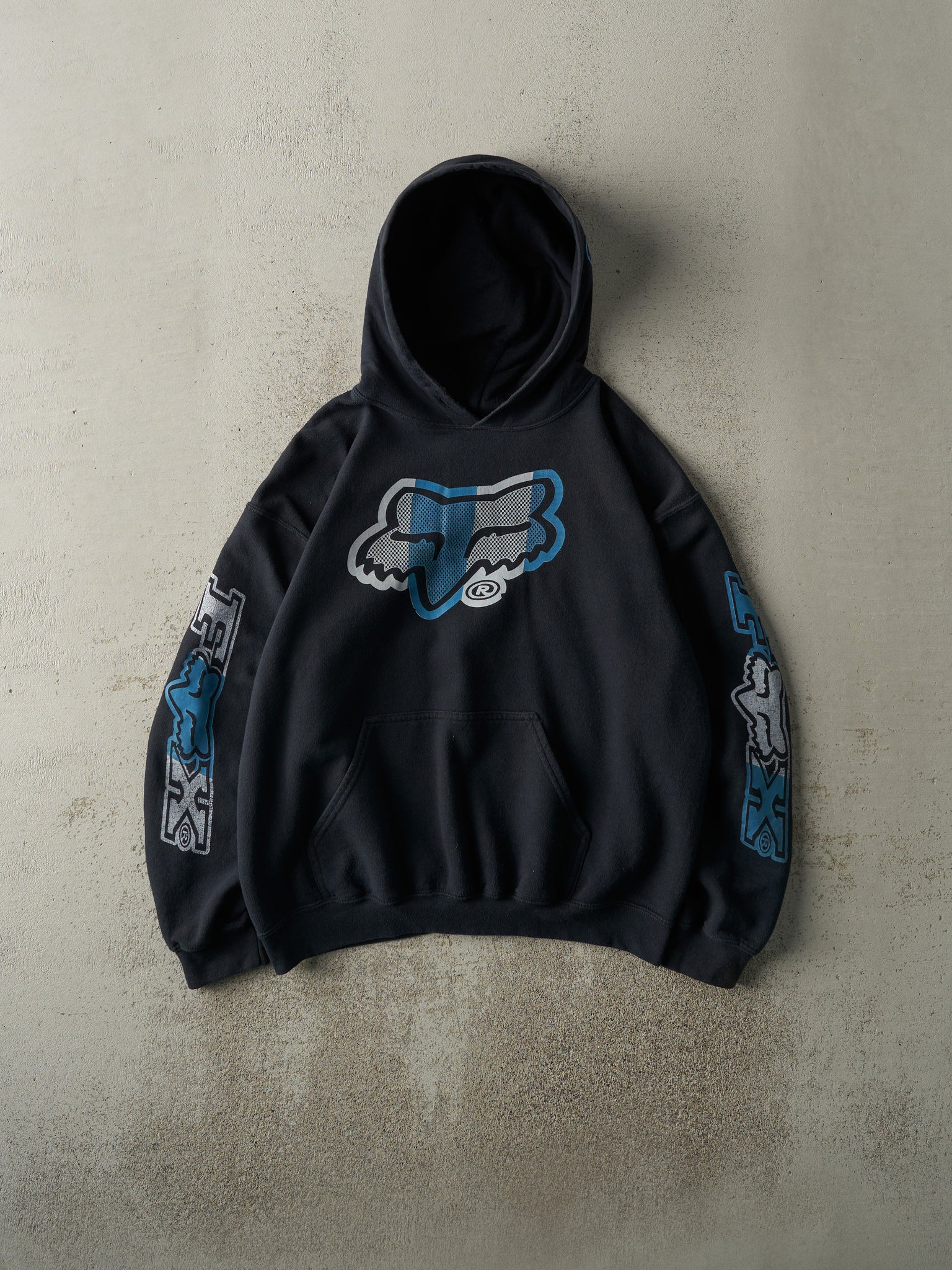 Vintage Y2K Faded Black & Blue Fox Racing Hoodie (M)