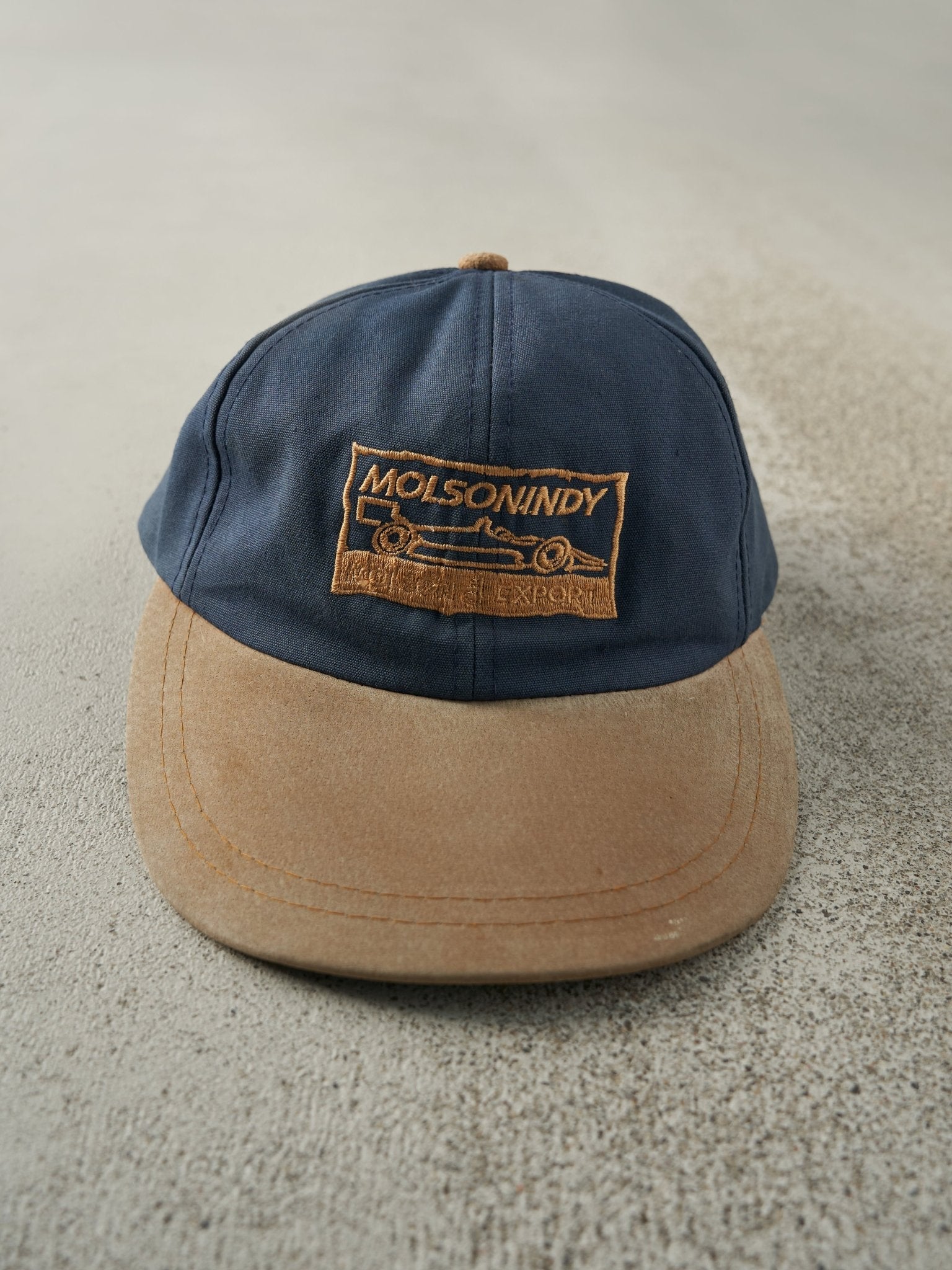 Vintage 90s Blue & Tan Molson Indy Two Tone Leather Strapback Hat