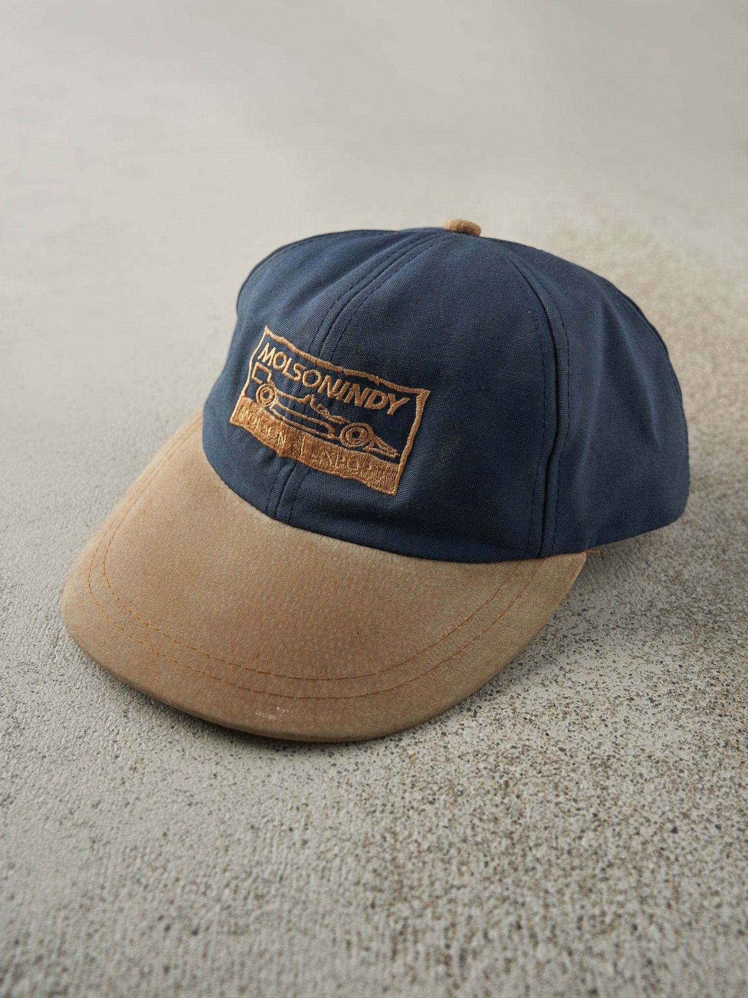 Vintage 90s Blue & Tan Molson Indy Two Tone Leather Strapback Hat