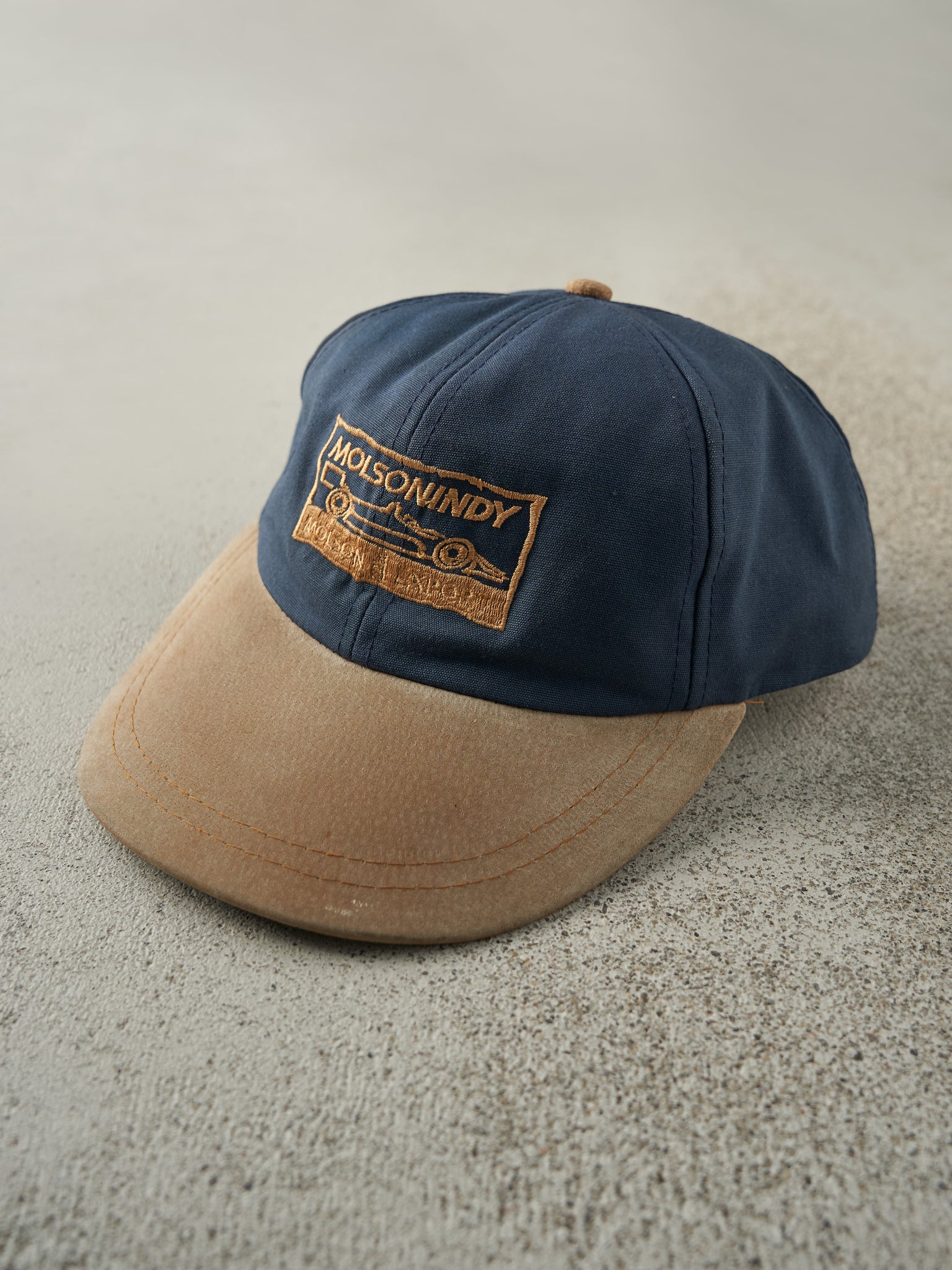 Vintage 90s Blue & Tan Molson Indy Two Tone Leather Strap Back Hat