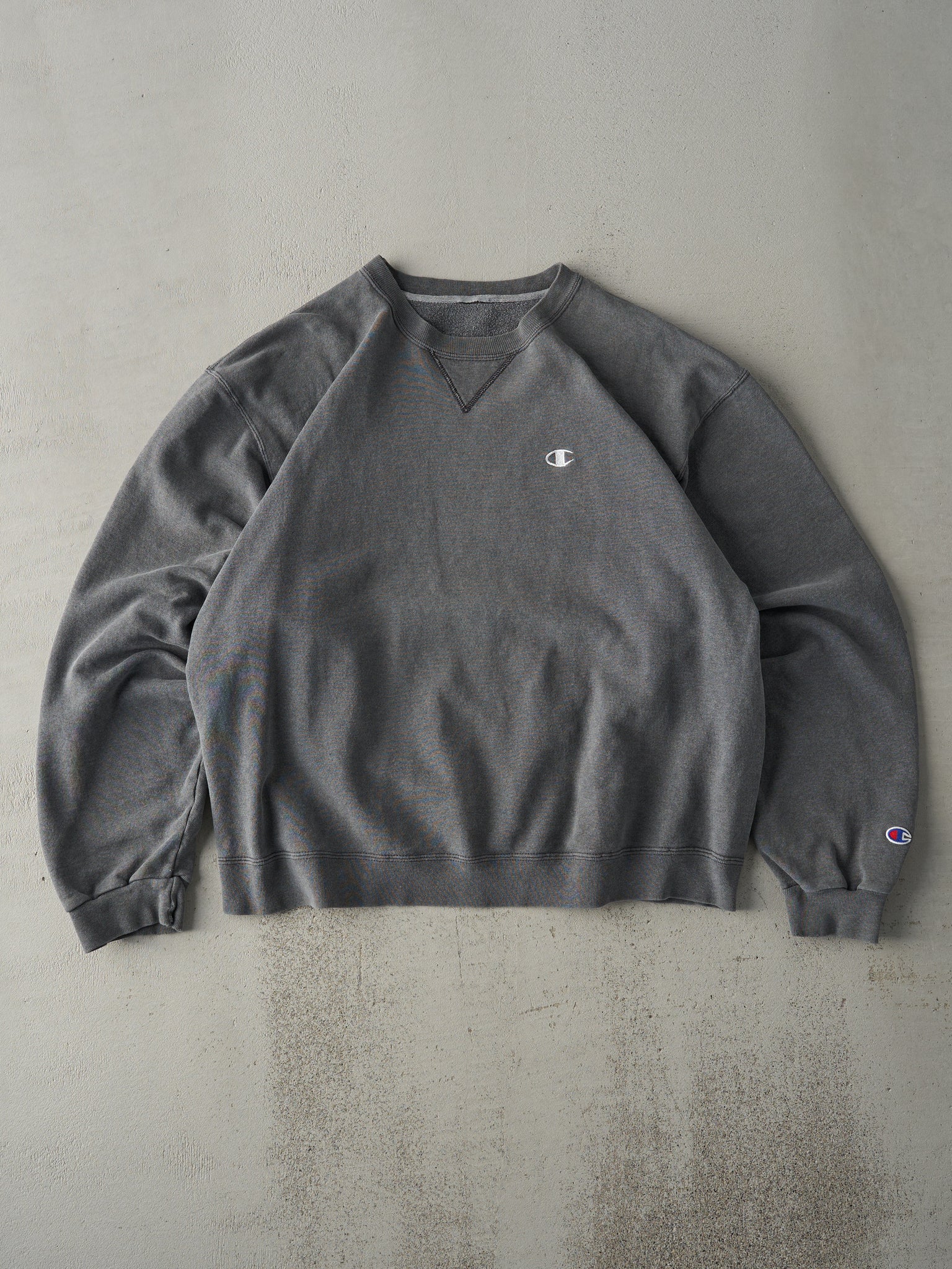 Vintage Y2K Washed Grey Champion Logo Boxy Crewneck (L)