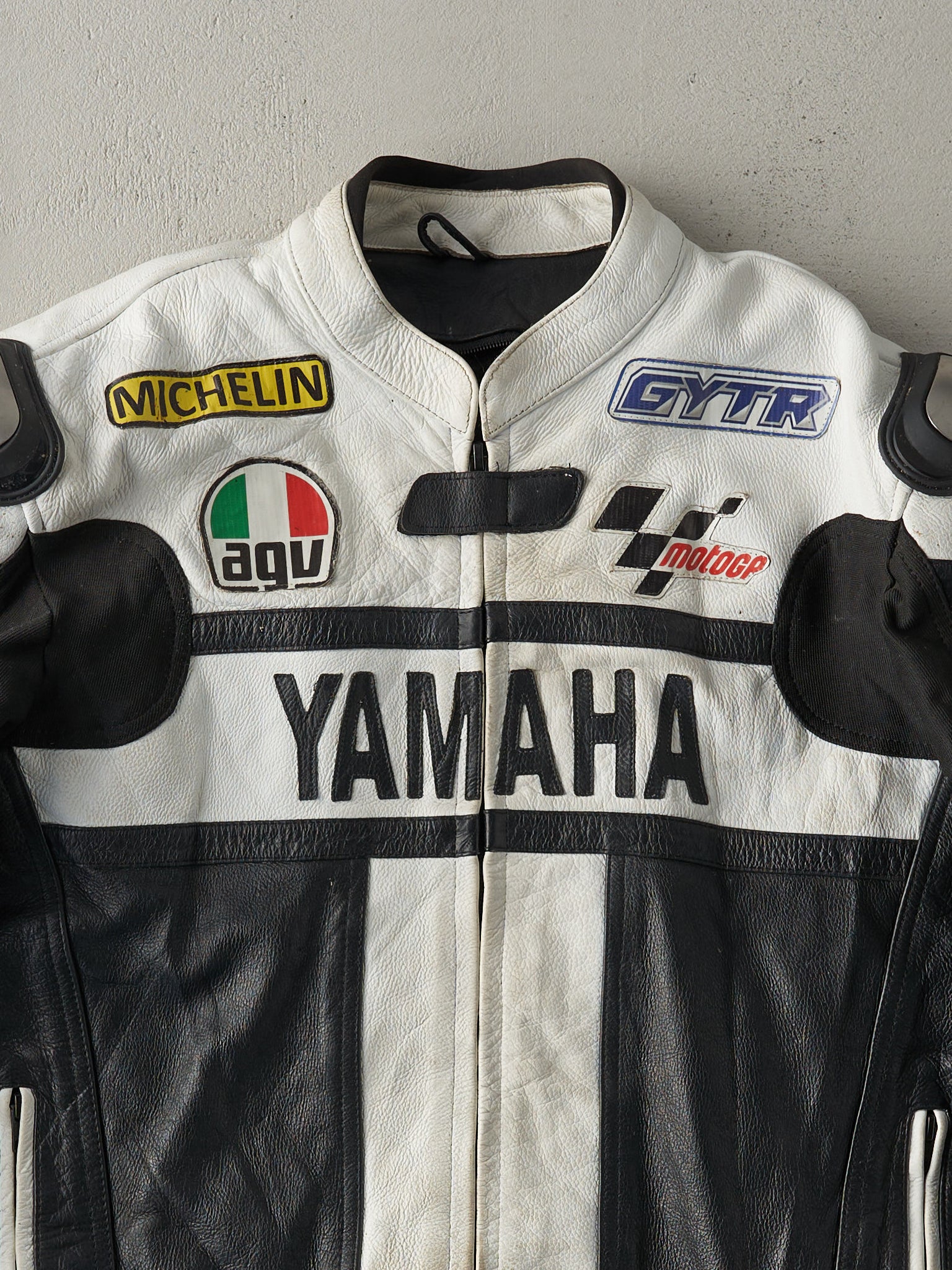 Vintage 90s Black and White Yamaha Leather Biker Jacket (M)