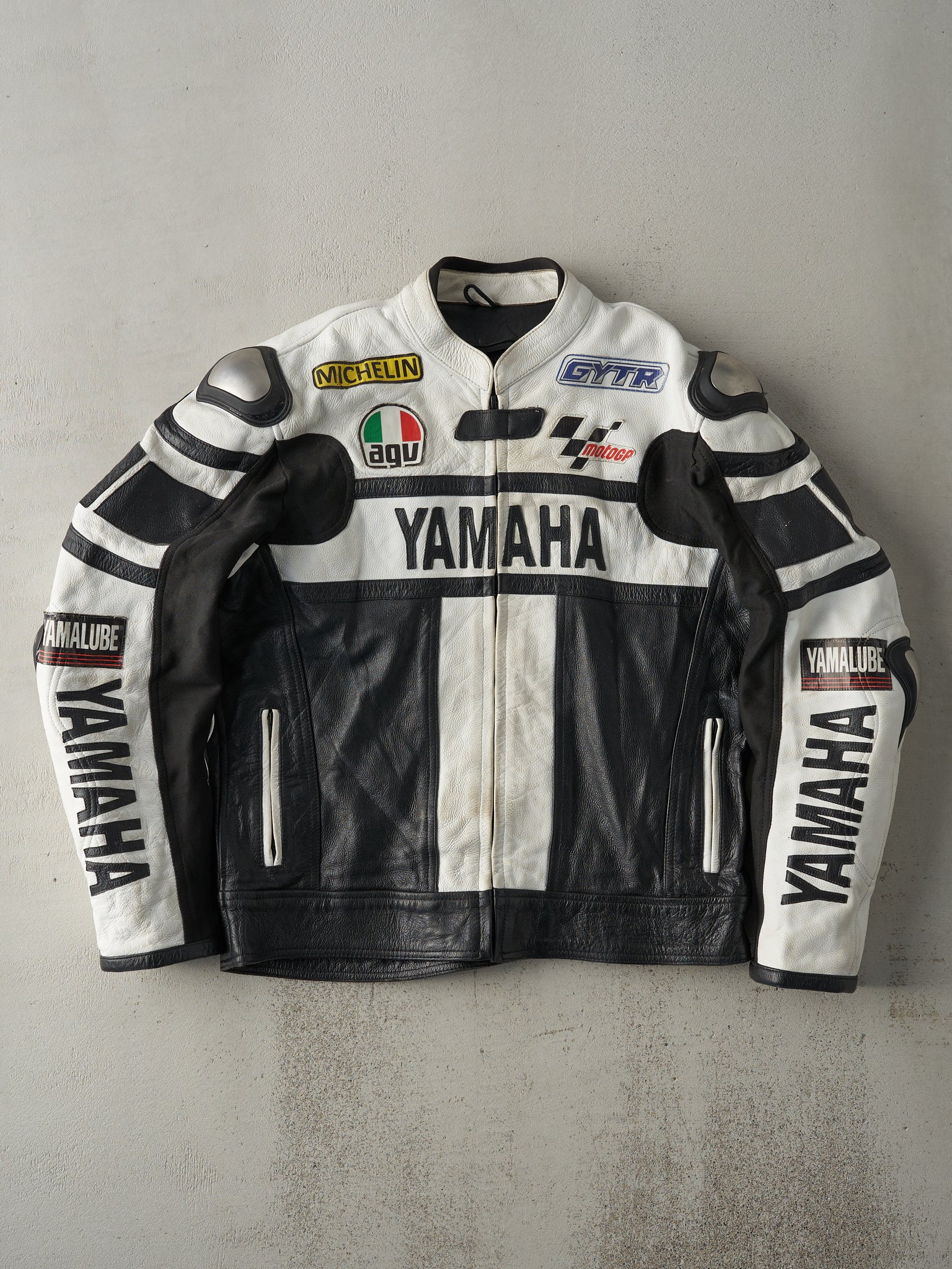 Vintage 90s Black and White Yamaha Leather Biker Jacket (M)