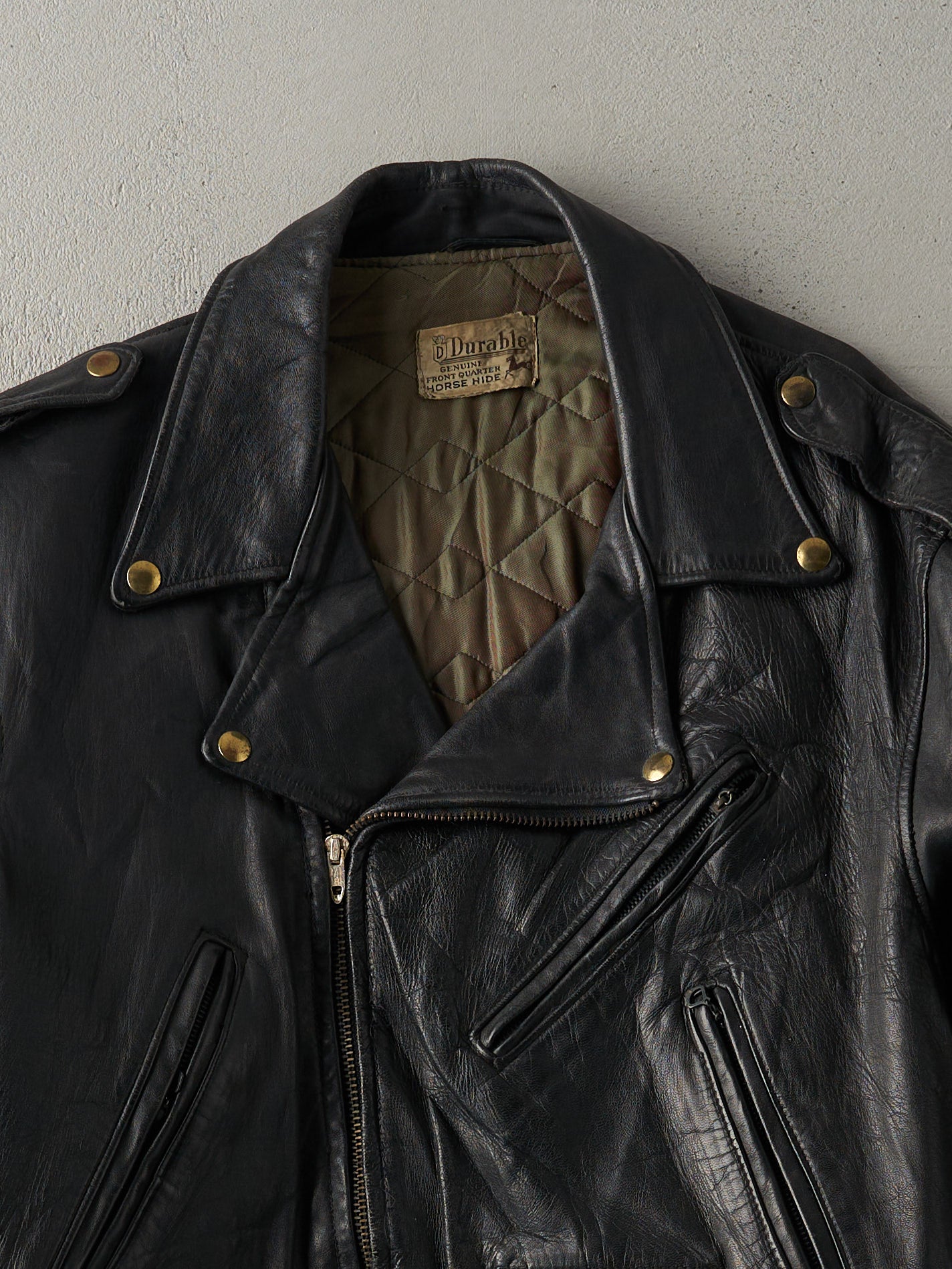 Vintage 70s RARE Black Durable Horsehide Leather Biker Jacket (XS/S)