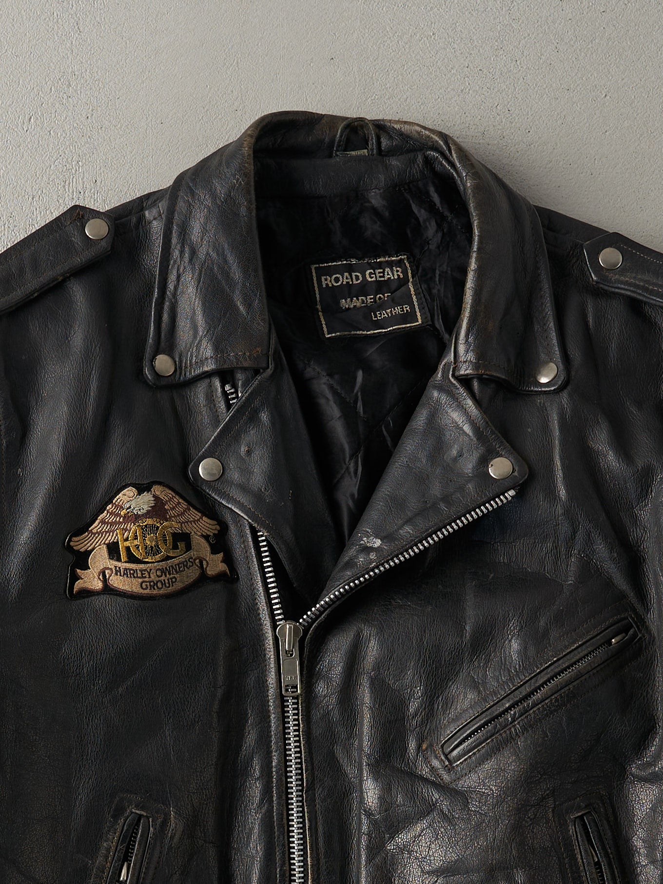Vintage 90s Black Harley Owners Group Road Gear Leather Biker Jacket (L)