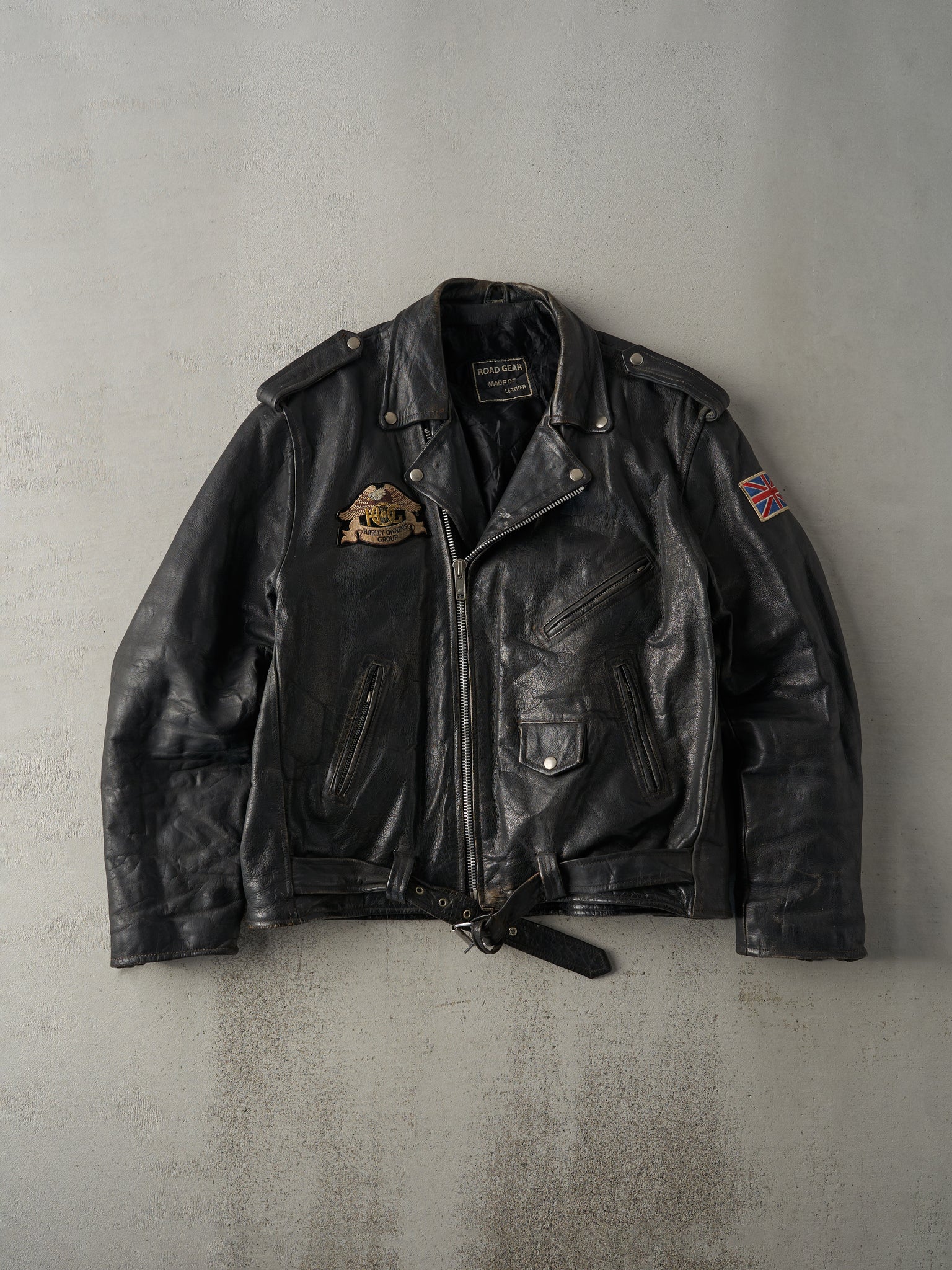 Vintage 90s Black Harley Owners Group Road Gear Leather Biker Jacket (L)