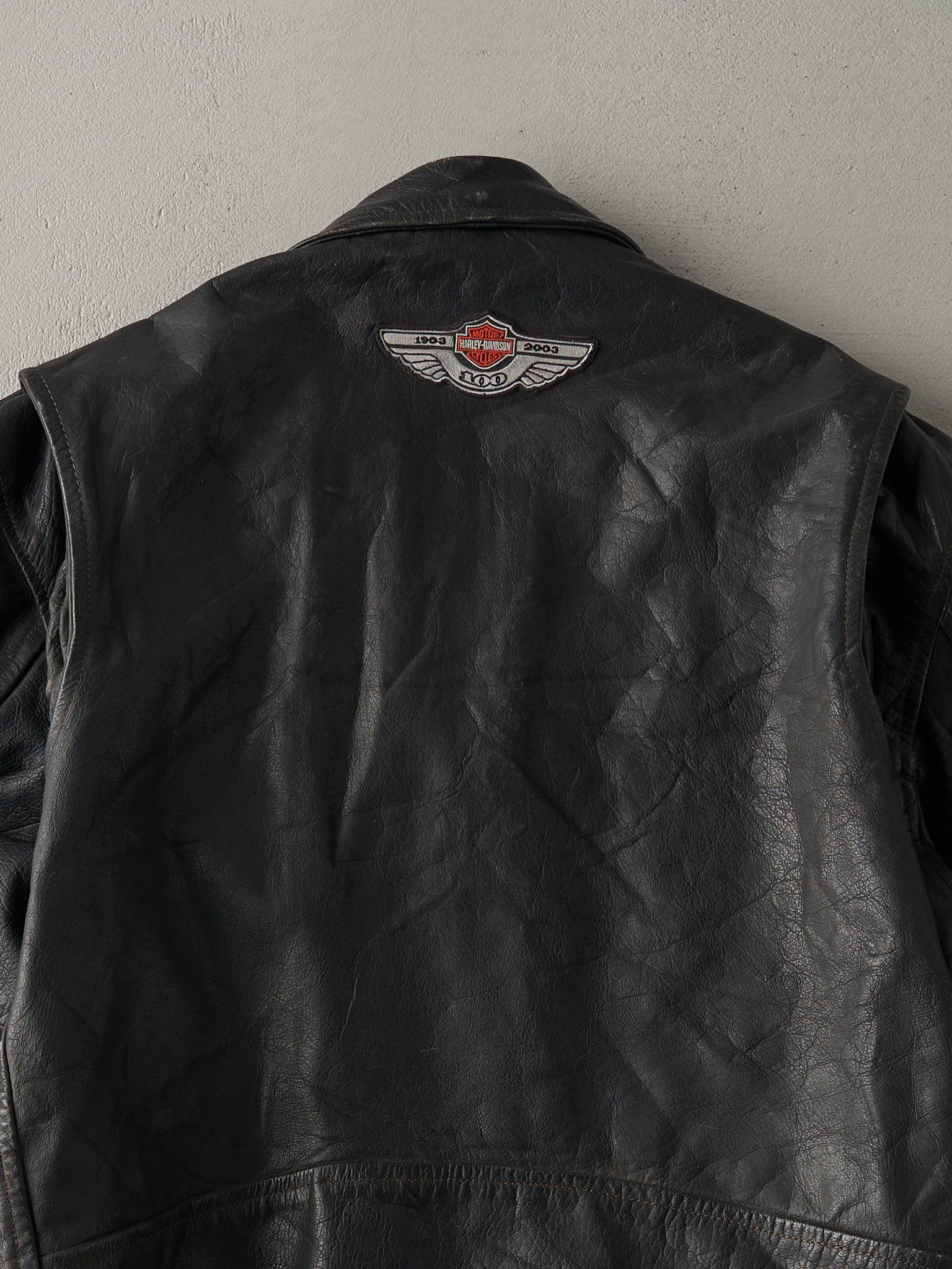 Vintage 90s Black Harley Owners Group Road Gear Leather Biker Jacket (L)