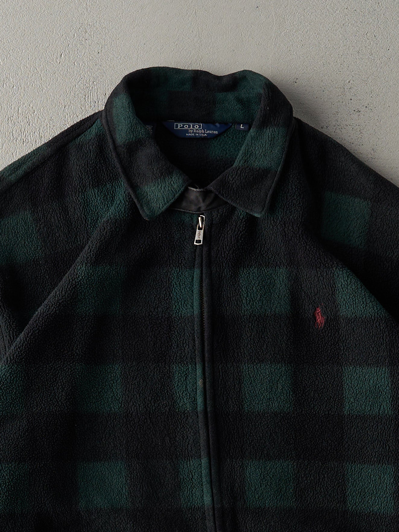 Vintage 80s Black and Green Polo Flannel  Fleece Zip Up Sweater (L)