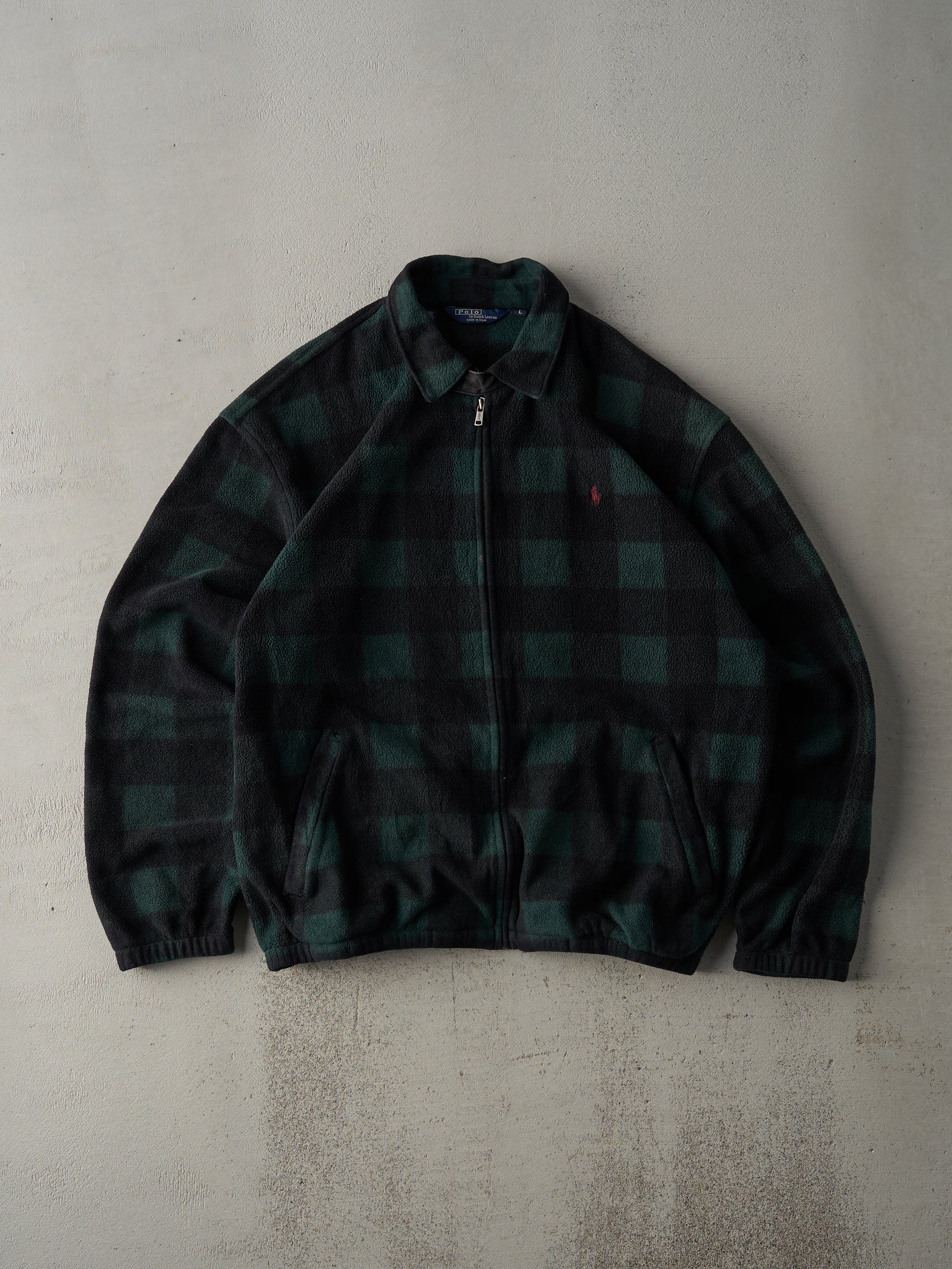 Vintage 80s Black and Green Polo Flannel  Fleece Zip Up Sweater (L)