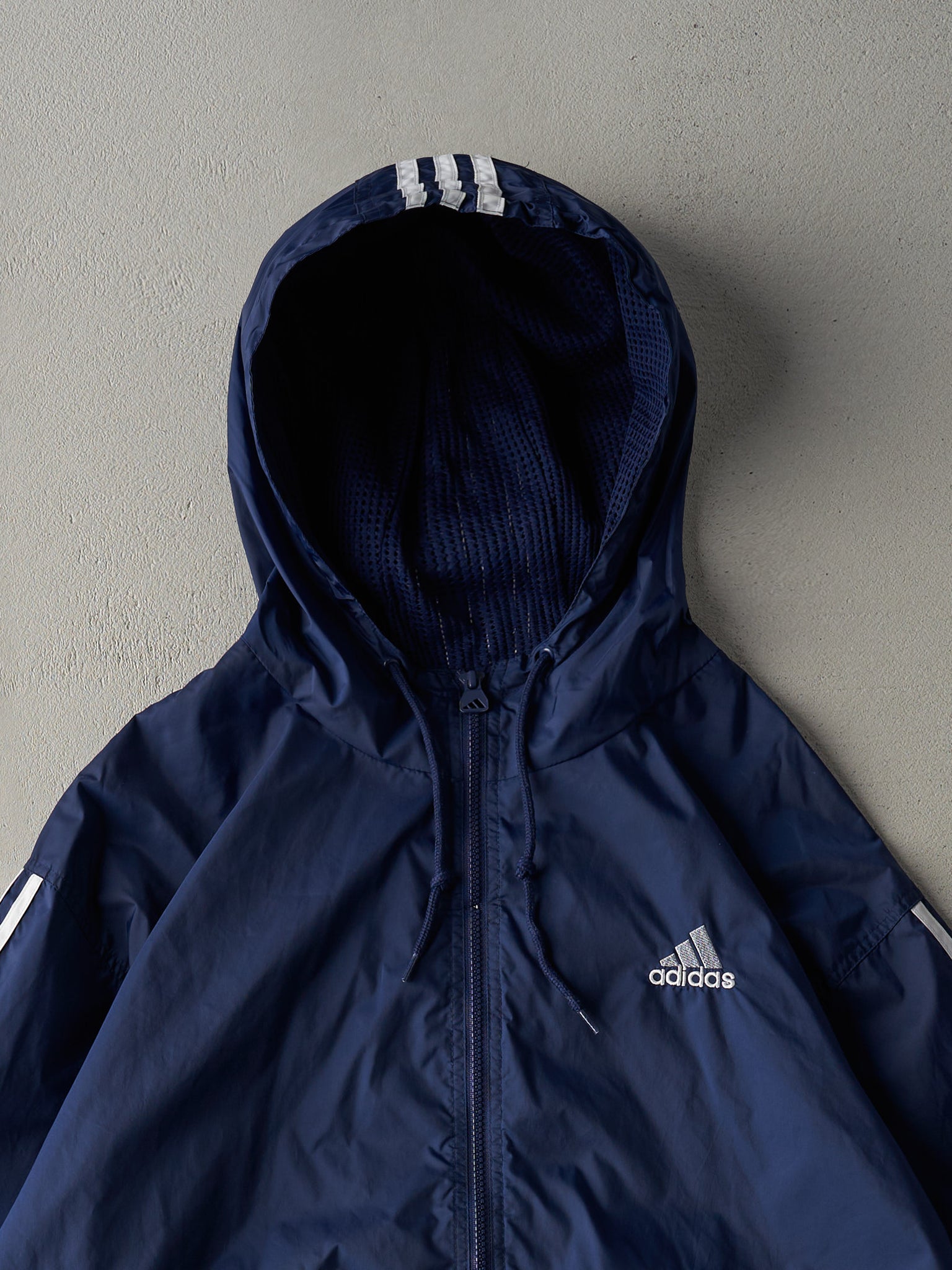 Vintage 90s Navy Striped Adidas Windbreaker Hooded Zip Up Jacket (M)