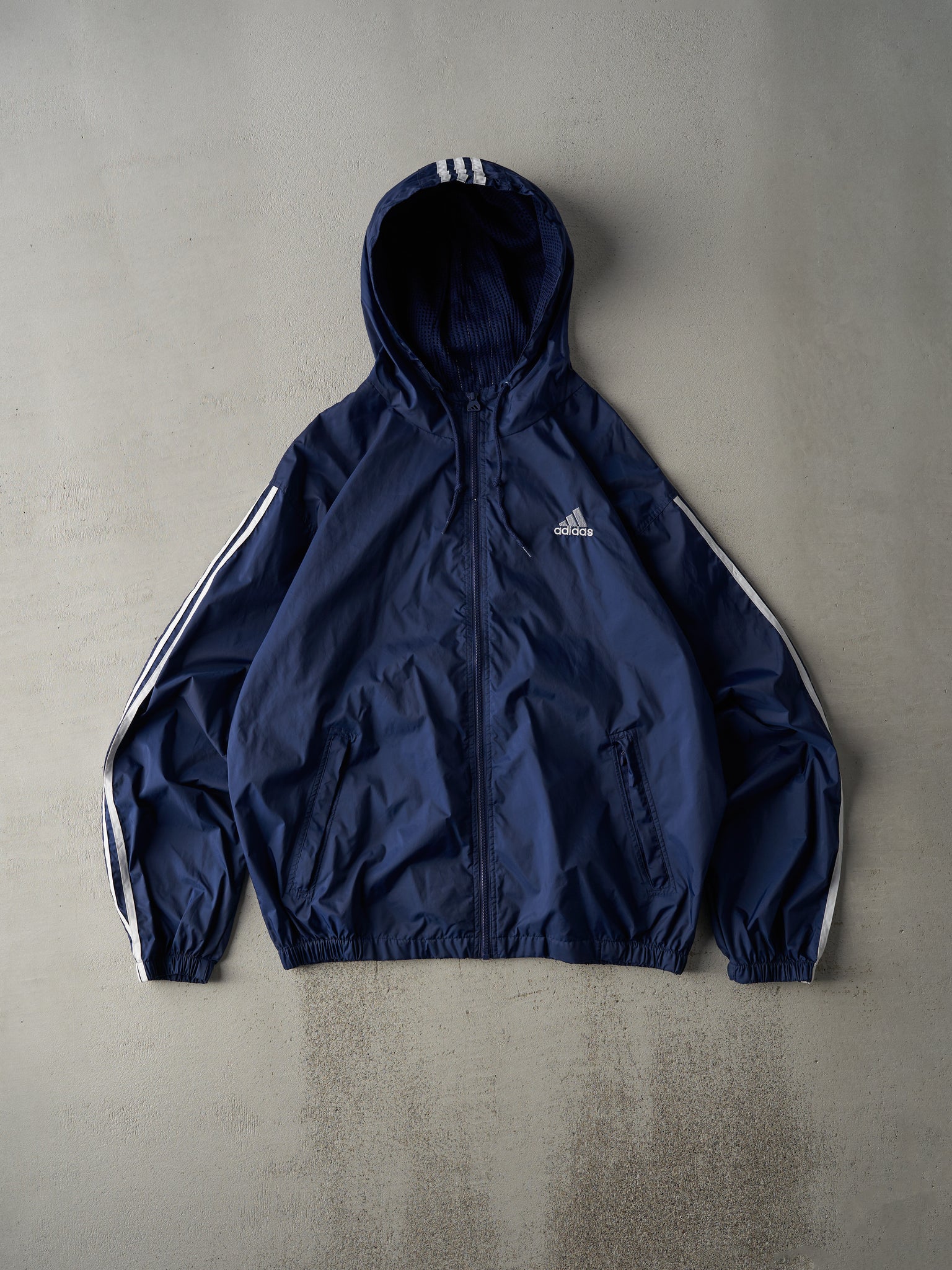 Vintage 90s Navy Striped Adidas Windbreaker Hooded Zip Up Jacket (M)