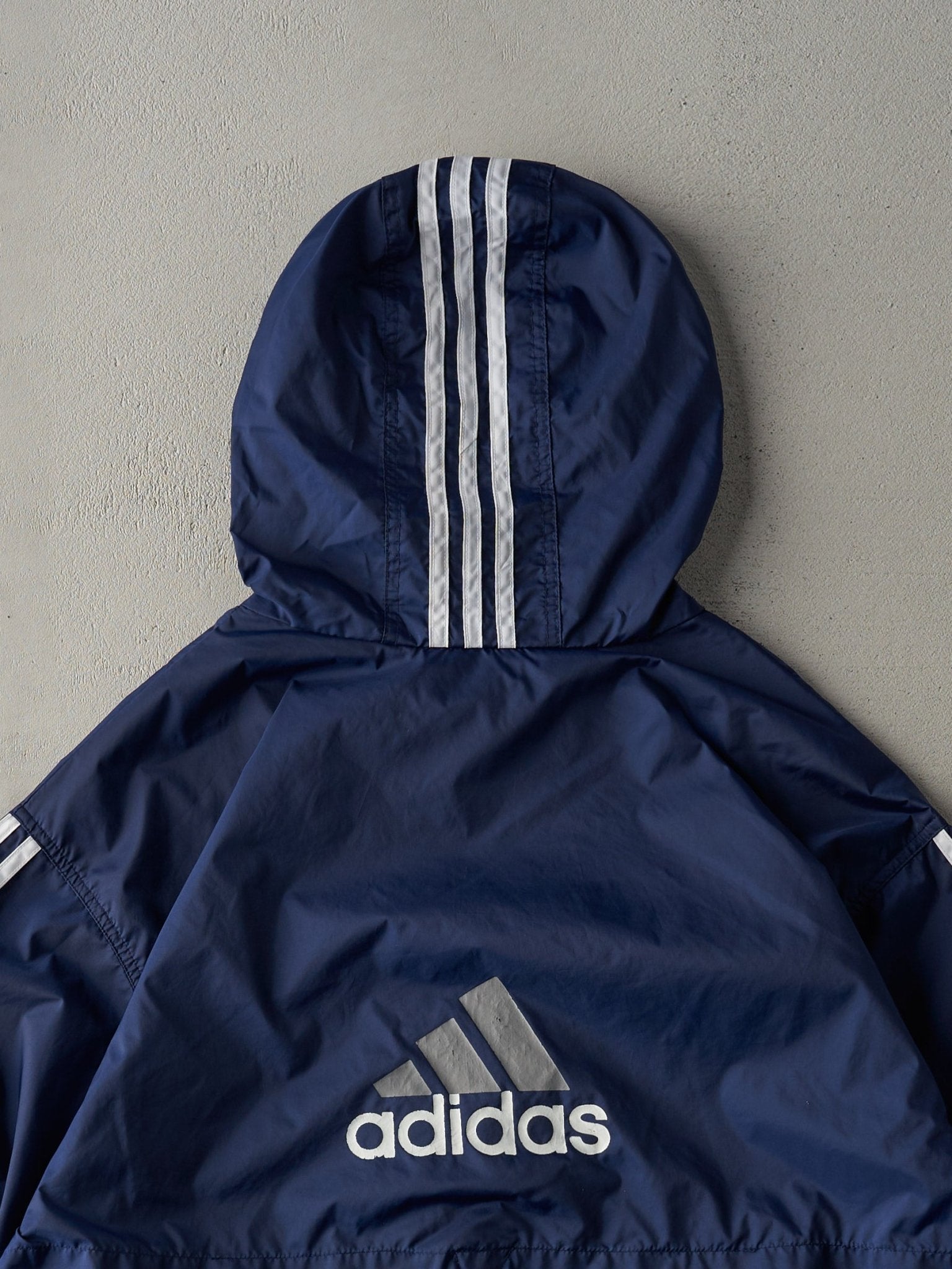 Vintage 90s Navy Striped Adidas Windbreaker Hooded Zip Up Jacket (M)