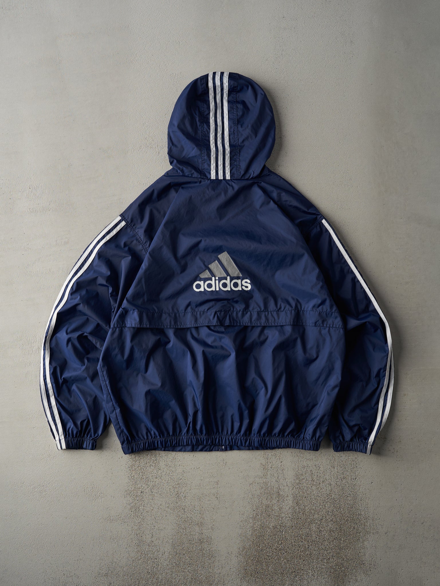 Vintage 90s Navy Striped Adidas Windbreaker Hooded Zip Up Jacket (M)