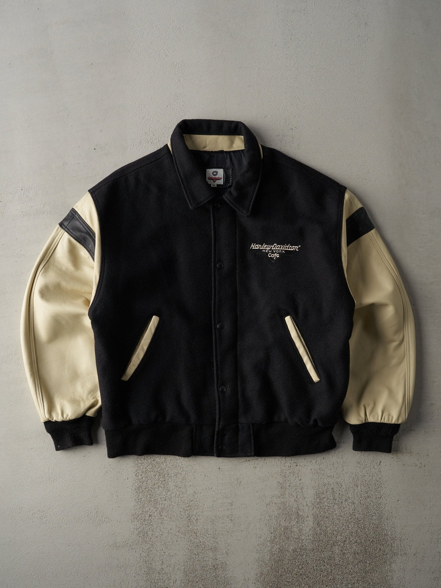 Vintage 90s Black New York Harley Davidson Cafe Varsity Jacket (L)