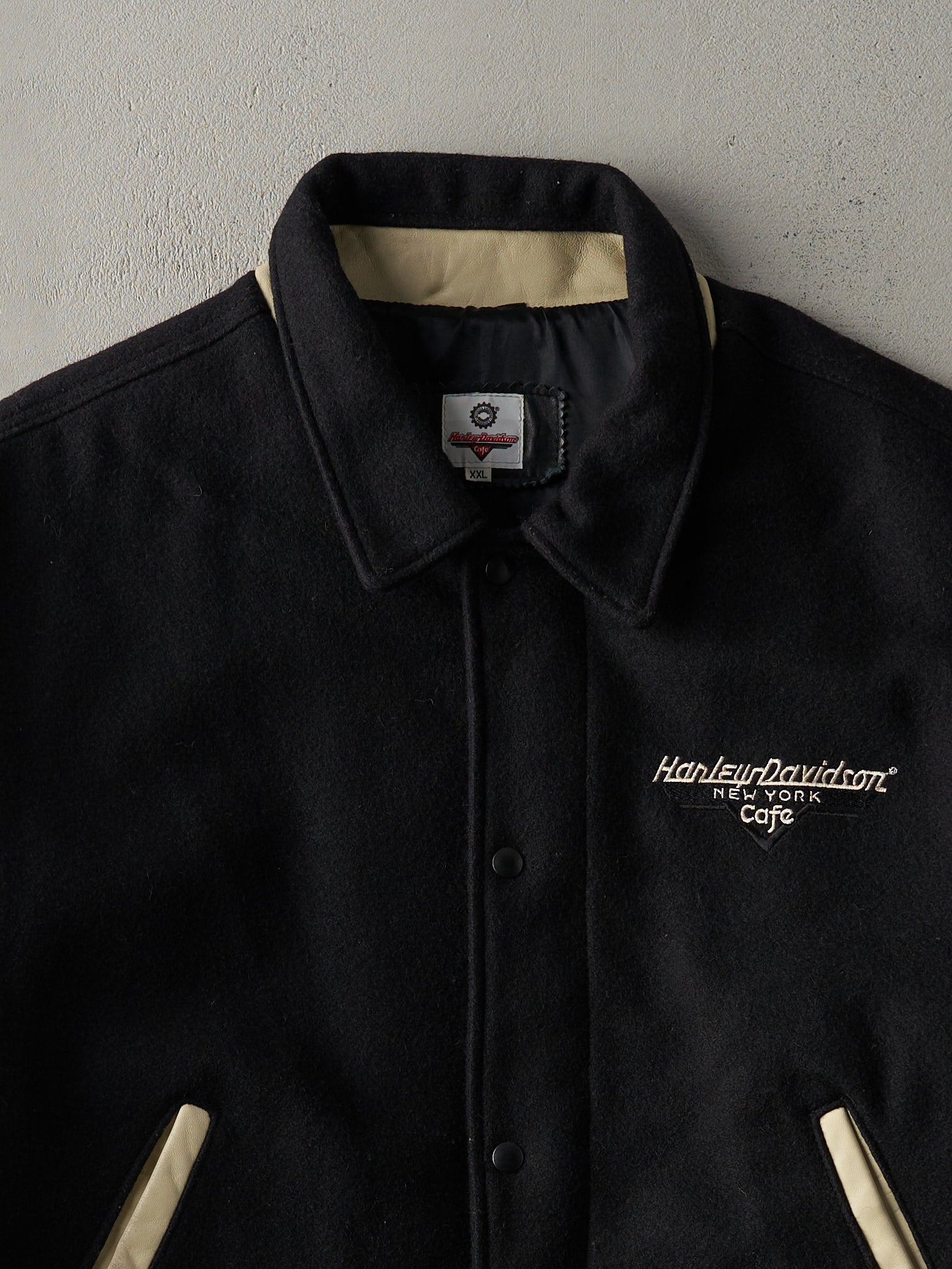 Vintage 90s Black New York Harley Davidson Cafe Varsity Jacket (L)