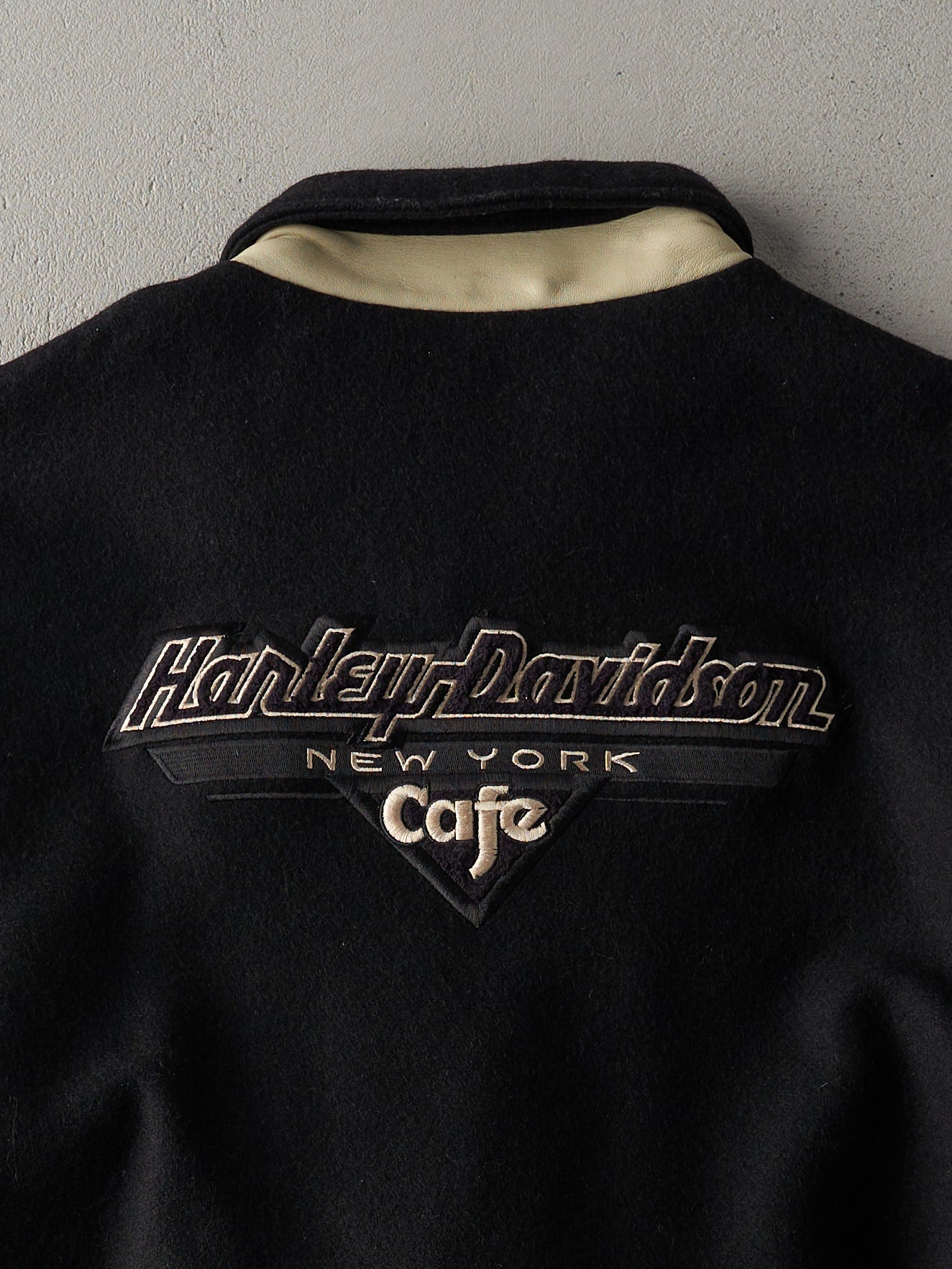 Vintage 90s Black New York Harley Davidson Cafe Varsity Jacket (L)